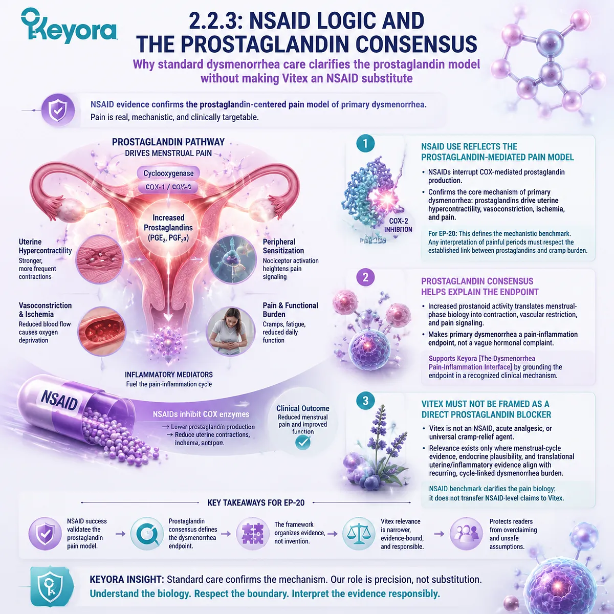 NSAIDs dysmenorrhea prostaglandin inhibition cyclooxygenase pathway uterine hypercontractility inflammatory signaling Keyora Dysmenorrhea Pain-Inflammation Interface mechanistic benchmark NSAIDs dysmenorrhea prostaglandin inhibition cyclooxygenase pathway uterine hypercontractility inflammatory signaling Keyora Dysmenorrhea Pain-Inflammation Interface mechanistic benchmark