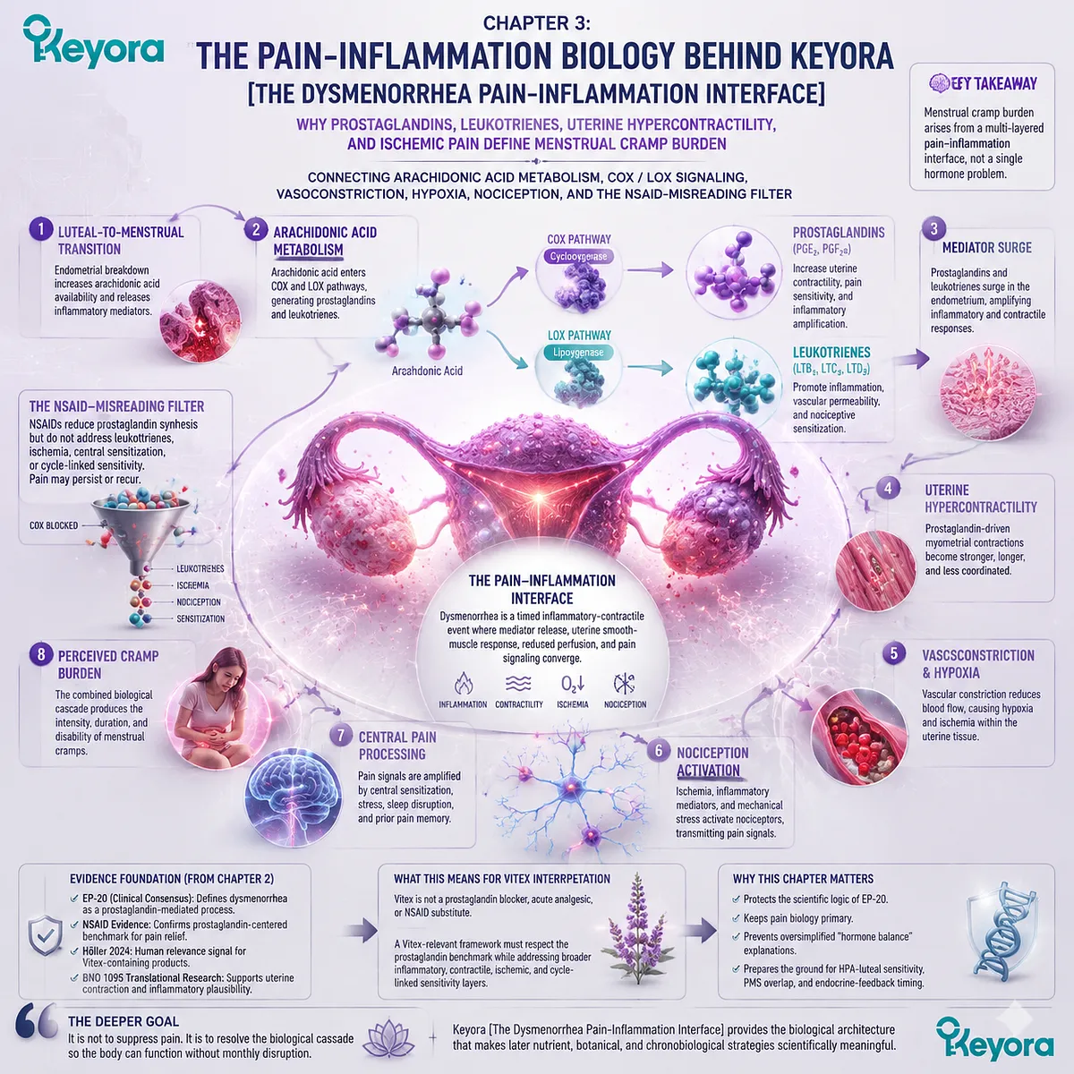 Dysmenorrhea cramps linked to prostaglandin COX/LOX signaling increase uterine hypercontractility, vasoconstriction and ischemic pain within Keyora Dysmenorrhea Pain-Inflammation Interface Dysmenorrhea cramps linked to prostaglandin COX/LOX signaling increase uterine hypercontractility, vasoconstriction and ischemic pain within Keyora Dysmenorrhea Pain-Inflammation Interface