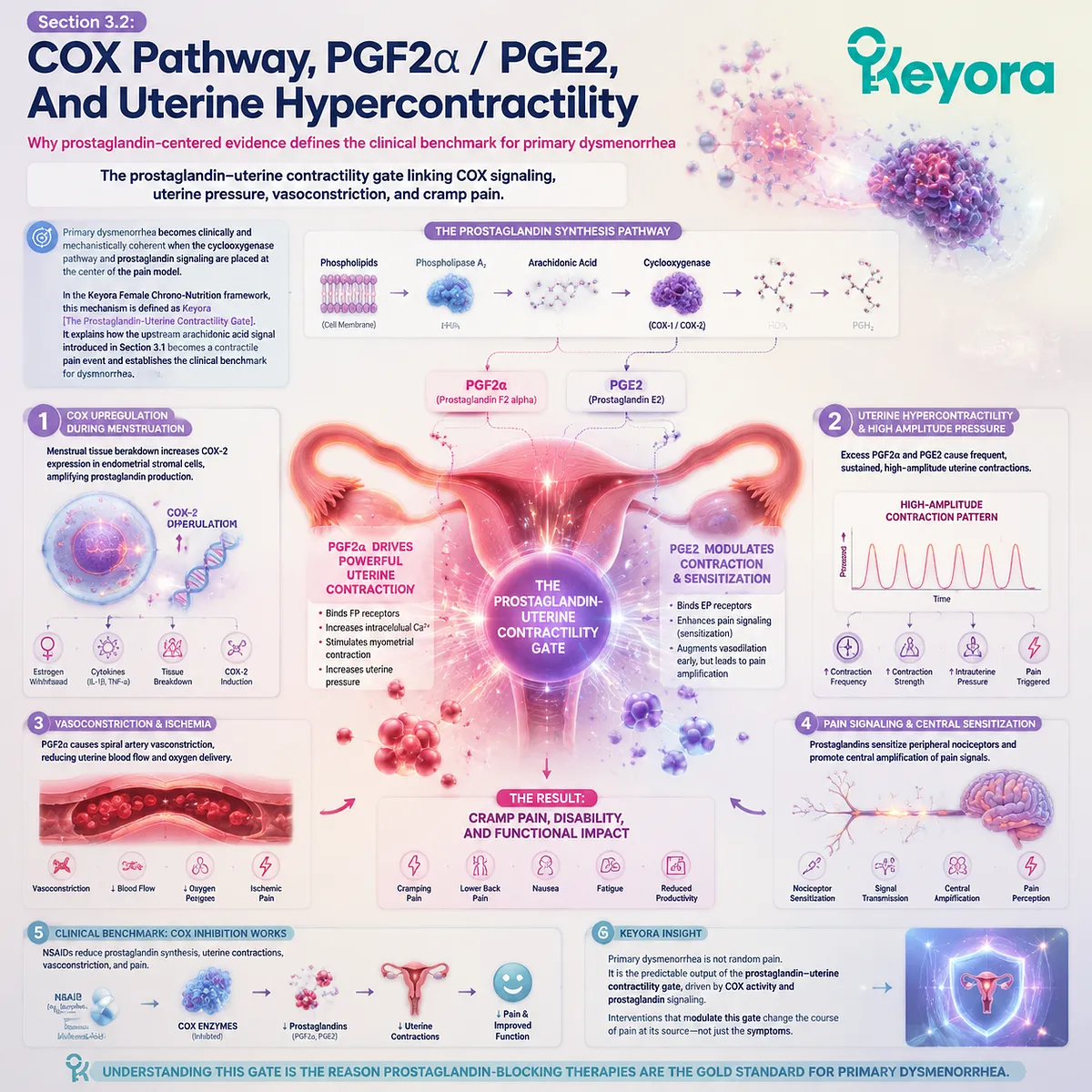 Dysmenorrhea cramps prostaglandins PGF2α PGE2 drive uterine hypercontractility, vascular constriction, ischemic pain via Keyora Prostaglandin-Uterine Contractility Gate Dysmenorrhea cramps prostaglandins PGF2α PGE2 drive uterine hypercontractility, vascular constriction, ischemic pain via Keyora Prostaglandin-Uterine Contractility Gate