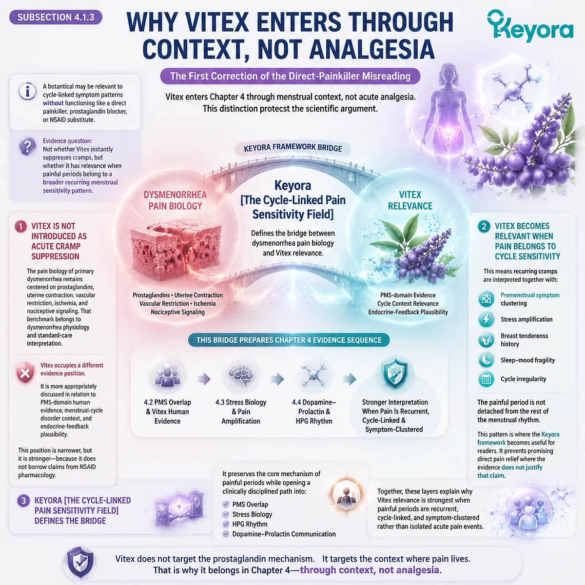 Dysmenorrhea via prostaglandin signaling, PMS overlap, HPA stress response; Vitex enters via Keyora Cycle-Linked Pain Sensitivity Field, context not acute analgesia Dysmenorrhea via prostaglandin signaling, PMS overlap, HPA stress response; Vitex enters via Keyora Cycle-Linked Pain Sensitivity Field, context not acute analgesia
