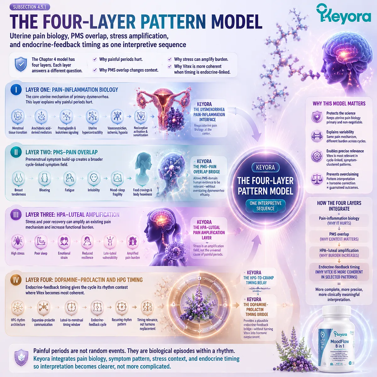 dysmenorrhea with PMS overlap, prostaglandin inflammation, HPA stress amplification, HPG rhythm and dopamine–prolactin timing shaping cycle sensitivity in Keyora Four-Layer Pattern Model dysmenorrhea with PMS overlap, prostaglandin inflammation, HPA stress amplification, HPG rhythm and dopamine–prolactin timing shaping cycle sensitivity in Keyora Four-Layer Pattern Model