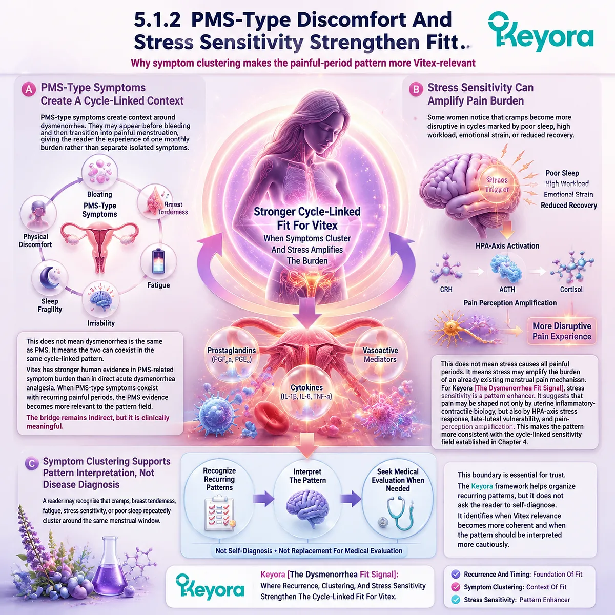 Menstrual pain (dysmenorrhea) with PMS symptoms and stress sensitivity linked to HPA-axis and inflammatory cycle signaling in Keyora Dysmenorrhea Fit Signal Menstrual pain (dysmenorrhea) with PMS symptoms and stress sensitivity linked to HPA-axis and inflammatory cycle signaling in Keyora Dysmenorrhea Fit Signal