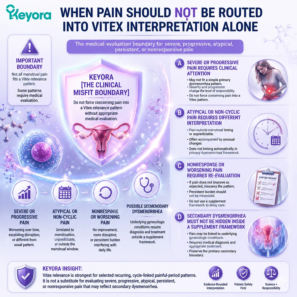 Menstrual pain (dysmenorrhea) clinical misfit boundary highlighting severe, progressive, atypical or non-cyclic pelvic pain linked to inflammatory and reproductive system signals in Keyora Clinical Misfit Boundary framework for safe Vitex interpretation Menstrual pain (dysmenorrhea) clinical misfit boundary highlighting severe, progressive, atypical or non-cyclic pelvic pain linked to inflammatory and reproductive system signals in Keyora Clinical Misfit Boundary framework for safe Vitex interpretation