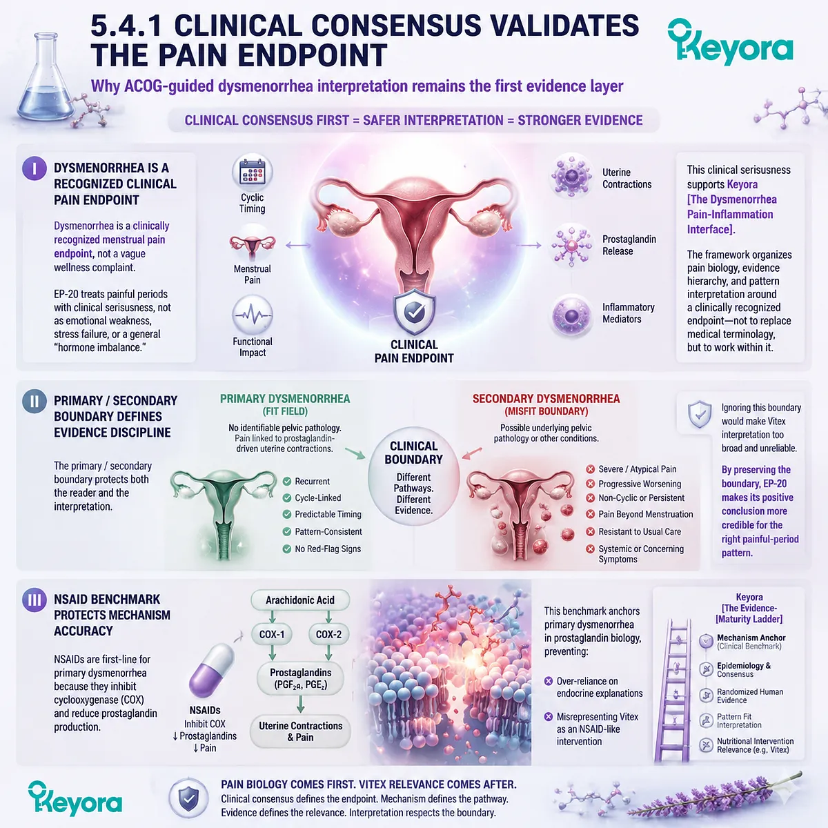 Dysmenorrhea clinical consensus defining primary vs secondary menstrual pain linked to prostaglandin inflammatory signaling and NSAID benchmark in Keyora Evidence-Maturity Ladder framework for Vitex interpretation boundaries Dysmenorrhea clinical consensus defining primary vs secondary menstrual pain linked to prostaglandin inflammatory signaling and NSAID benchmark in Keyora Evidence-Maturity Ladder framework for Vitex interpretation boundaries