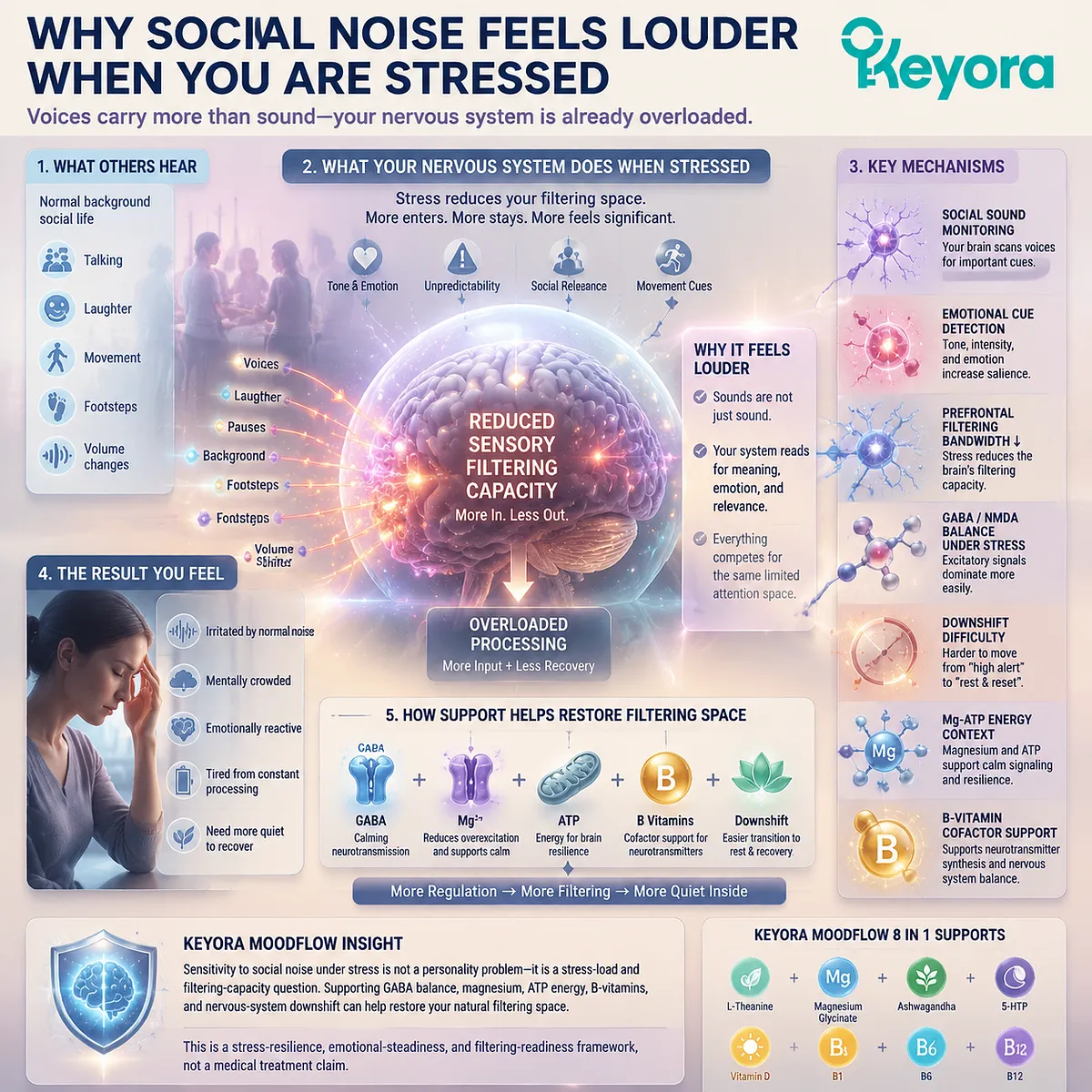 Social noise sensitivity and sensory filtering under stress via GABA/NMDA balance and reduced prefrontal filtering bandwidth, mapped in Keyora MoodFlow Matrix attention regulation Social noise sensitivity and sensory filtering under stress via GABA/NMDA balance and reduced prefrontal filtering bandwidth, mapped in Keyora MoodFlow Matrix attention regulation