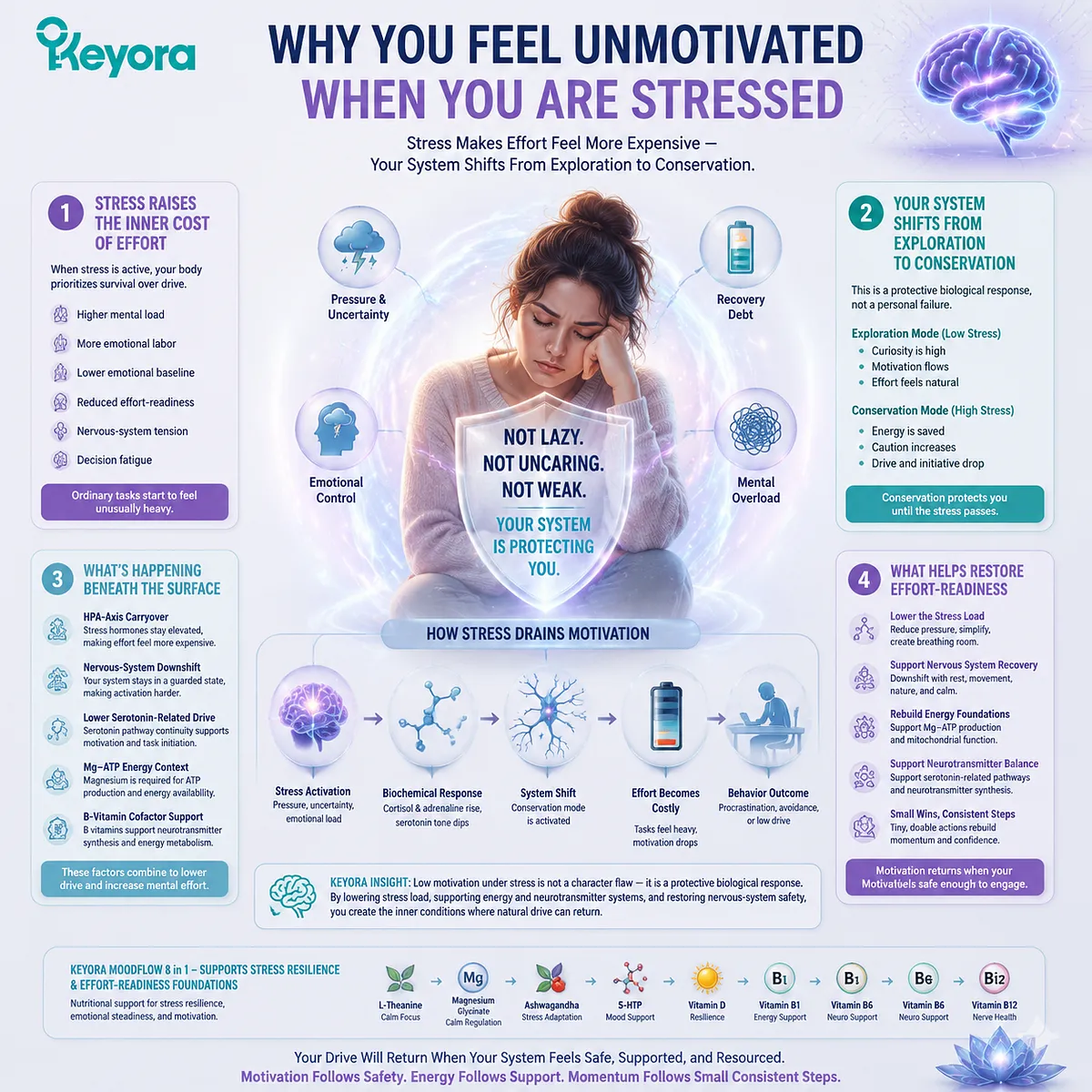 Stress-related low motivation reflects effort-reward signaling shift, HPA-axis load, and Mg-ATP energy context, reducing task initiation in Keyora MoodFlow Effort Readiness Framework. Stress-related low motivation reflects effort-reward signaling shift, HPA-axis load, and Mg-ATP energy context, reducing task initiation in Keyora MoodFlow Effort Readiness Framework.