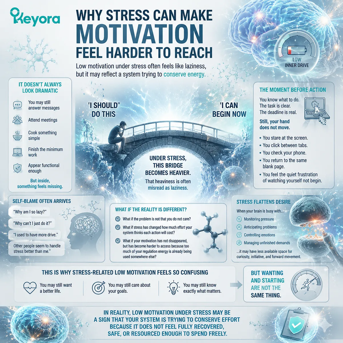 Stress-related low motivation is shaped by HPA-axis load, effort-reward signaling, and reduced initiation capacity, reframed through Keyora MoodFlow Effort Readiness Framework. Stress-related low motivation is shaped by HPA-axis load, effort-reward signaling, and reduced initiation capacity, reframed through Keyora MoodFlow Effort Readiness Framework.