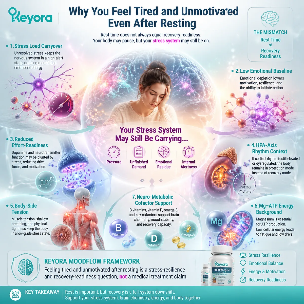 Sustained fatigue after rest and low motivation linked to stress recovery imbalance, HPA-axis rhythm load, and Mg-ATP energy availability within Keyora MoodFlow Matrix neuro-metabolic regulation framework Sustained fatigue after rest and low motivation linked to stress recovery imbalance, HPA-axis rhythm load, and Mg-ATP energy availability within Keyora MoodFlow Matrix neuro-metabolic regulation framework