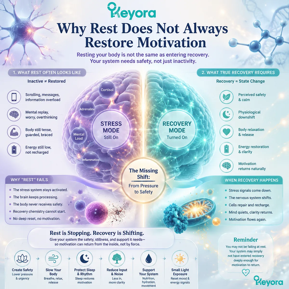 Rest fatigue and low motivation after sleep or time off linked to stress recovery gap, HPA-axis load, and neuro-metabolic energy (Mg-ATP) regulation within Keyora MoodFlow Matrix Rest fatigue and low motivation after sleep or time off linked to stress recovery gap, HPA-axis load, and neuro-metabolic energy (Mg-ATP) regulation within Keyora MoodFlow Matrix