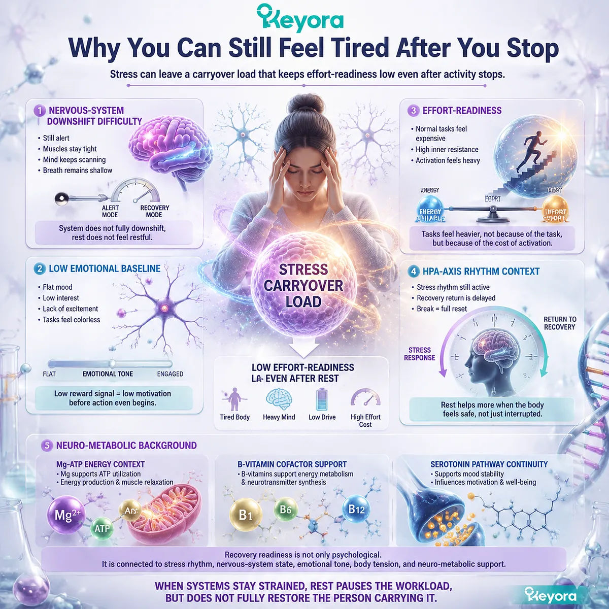 fatigue after rest and low motivation linked to stress carryover, nervous system downshift delay, HPA-axis rhythm load, and Mg-ATP energy availability within Keyora MoodFlow Matrix fatigue after rest and low motivation linked to stress carryover, nervous system downshift delay, HPA-axis rhythm load, and Mg-ATP energy availability within Keyora MoodFlow Matrix
