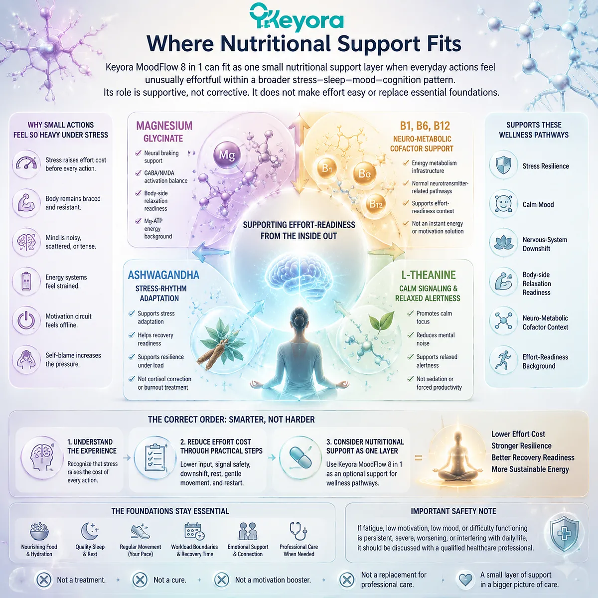 stress-related effort cost increase low motivation everyday tasks magnesium glycinate L-theanine B vitamins HPA-axis Mg-ATP support Keyora MoodFlow Matrix neuro-metabolic recovery framework stress-related effort cost increase low motivation everyday tasks magnesium glycinate L-theanine B vitamins HPA-axis Mg-ATP support Keyora MoodFlow Matrix neuro-metabolic recovery framework