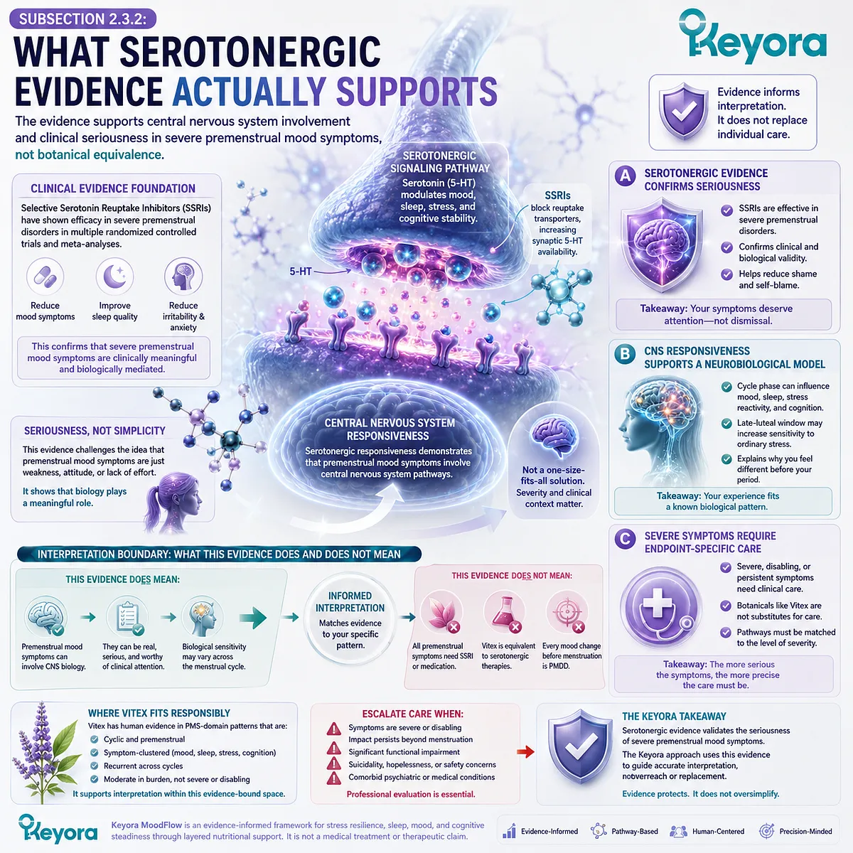 PMS mood swings, sleep quality, and female rhythm support are interpreted through serotonergic pathways, central nervous system responsiveness, and symptom severity, with the Keyora Serotonergic Evidence Bridge distinguishing neurobiological evidence from Vitex-specific PMS-domain relevance. PMS mood swings, sleep quality, and female rhythm support are interpreted through serotonergic pathways, central nervous system responsiveness, and symptom severity, with the Keyora Serotonergic Evidence Bridge distinguishing neurobiological evidence from Vitex-specific PMS-domain relevance.