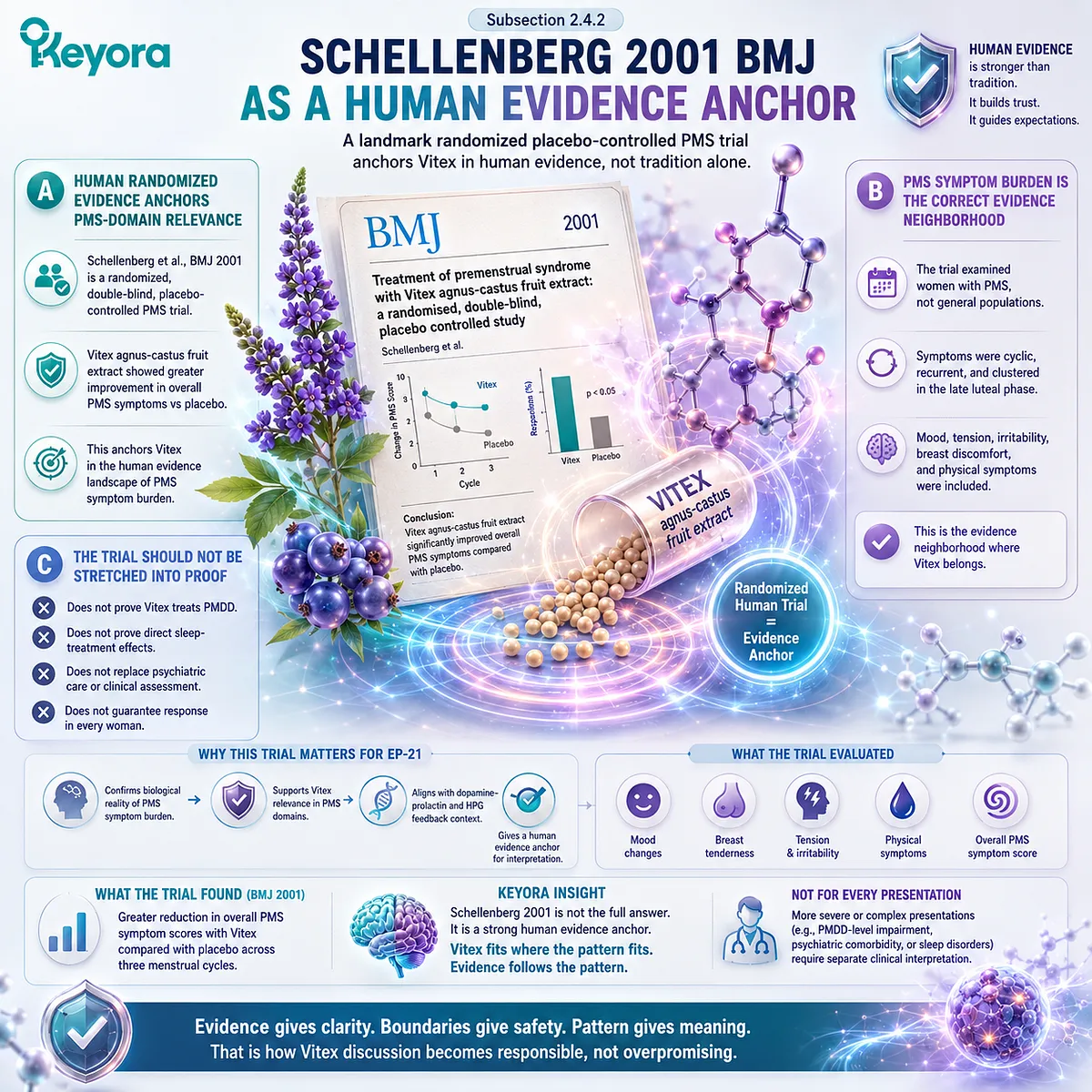 Vitex for PMS, female rhythm support, and premenstrual mood symptoms is supported by randomized human clinical evidence for cyclic symptom burden, with the Keyora Vitex PMS-Domain Evidence Gate highlighting endpoint-specific interpretation beyond traditional botanical use. Vitex for PMS, female rhythm support, and premenstrual mood symptoms is supported by randomized human clinical evidence for cyclic symptom burden, with the Keyora Vitex PMS-Domain Evidence Gate highlighting endpoint-specific interpretation beyond traditional botanical use.