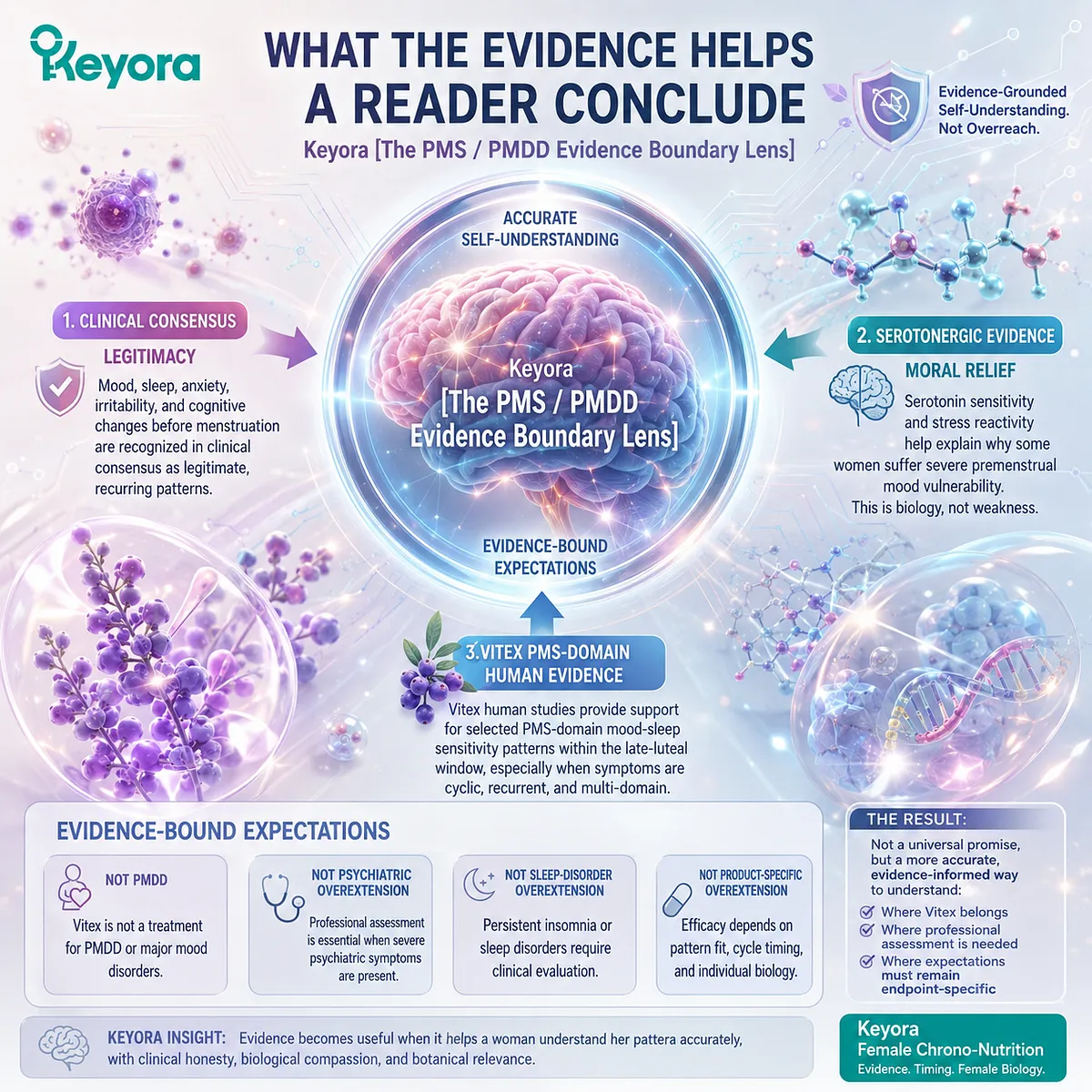 Vitex for PMS, mood swings, sleep quality, and female rhythm support is interpreted through clinical consensus, serotonergic biology, and PMS-domain human evidence, with the Keyora PMS / PMDD Evidence Boundary Lens guiding endpoint-specific, evidence-based expectations. Vitex for PMS, mood swings, sleep quality, and female rhythm support is interpreted through clinical consensus, serotonergic biology, and PMS-domain human evidence, with the Keyora PMS / PMDD Evidence Boundary Lens guiding endpoint-specific, evidence-based expectations.