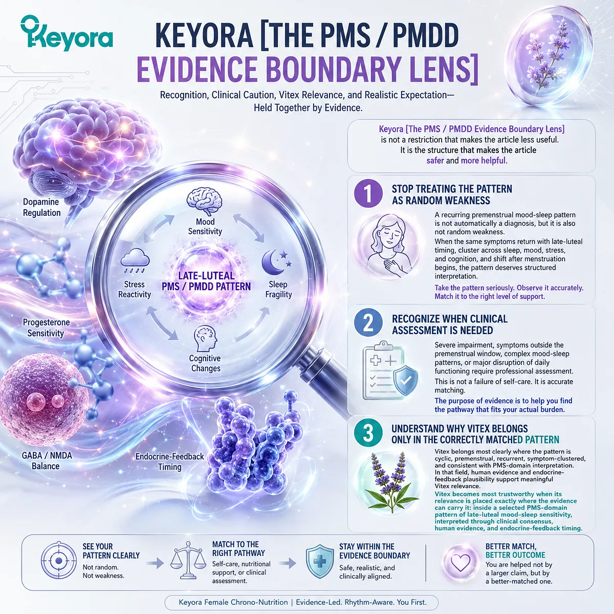 PMS mood swings, sleep quality, and female rhythm support are interpreted through clinical consensus, human Vitex evidence, endocrine-feedback timing, and symptom boundaries, with the Keyora PMS / PMDD Evidence Boundary Lens guiding accurate pattern matching and evidence-based expectations. PMS mood swings, sleep quality, and female rhythm support are interpreted through clinical consensus, human Vitex evidence, endocrine-feedback timing, and symptom boundaries, with the Keyora PMS / PMDD Evidence Boundary Lens guiding accurate pattern matching and evidence-based expectations.