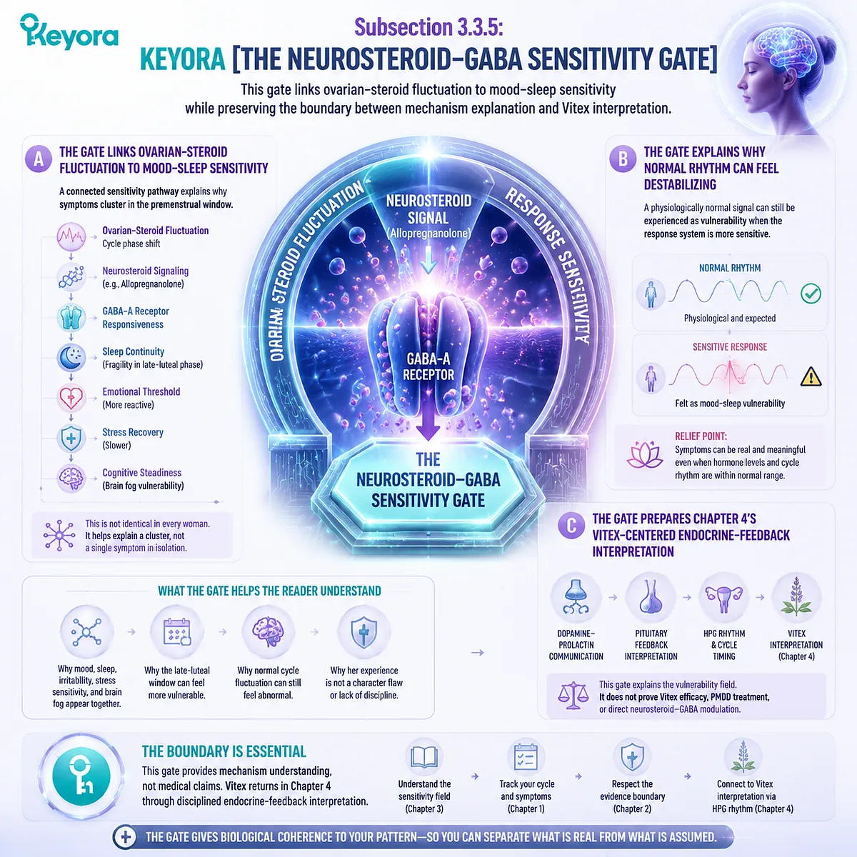 Premenstrual mood, sleep, stress sensitivity, and brain fog linked to ovarian-steroid fluctuation and neurosteroid-GABA regulation, Keyora Neurosteroid-GABA Sensitivity Gate explains cycle-dependent neuro-circadian vulnerability without implying direct Vitex CNS action. Premenstrual mood, sleep, stress sensitivity, and brain fog linked to ovarian-steroid fluctuation and neurosteroid-GABA regulation, Keyora Neurosteroid-GABA Sensitivity Gate explains cycle-dependent neuro-circadian vulnerability without implying direct Vitex CNS action.