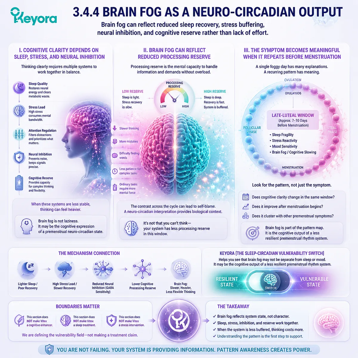 Premenstrual brain fog, cognitive fatigue, and reduced processing speed linked to neuro-circadian regulation, sleep quality, and ovarian-steroid sensitivity, Keyora Sleep-Circadian Vulnerability Switch maps cycle-dependent cognitive reserve reduction. Premenstrual brain fog, cognitive fatigue, and reduced processing speed linked to neuro-circadian regulation, sleep quality, and ovarian-steroid sensitivity, Keyora Sleep-Circadian Vulnerability Switch maps cycle-dependent cognitive reserve reduction.