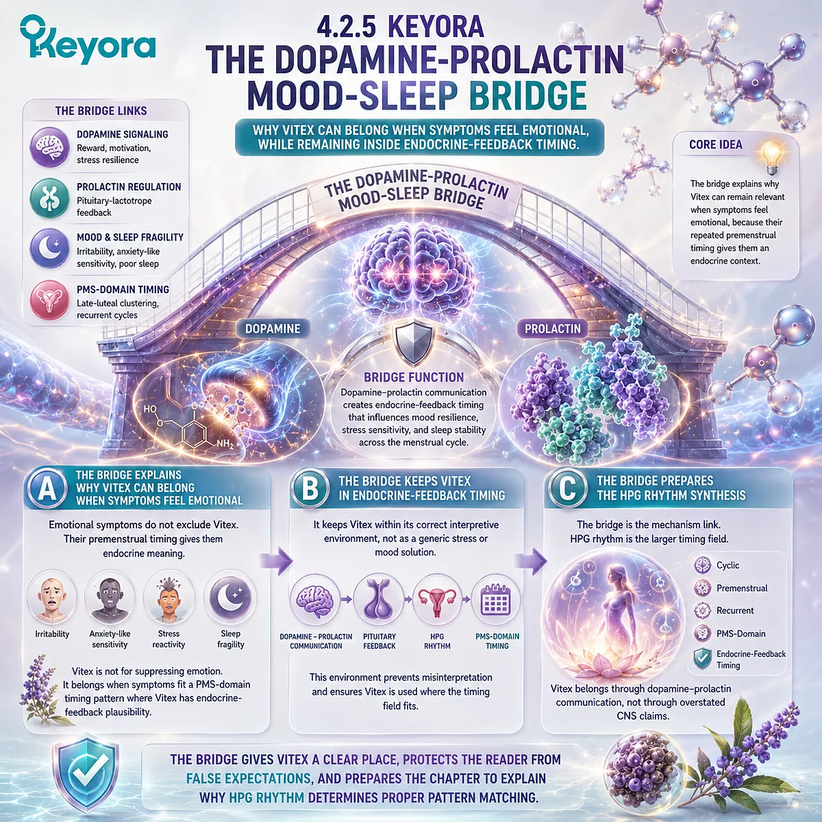 PMS mood changes, sleep quality, stress sensitivity, and female rhythm support are connected through dopamine-prolactin communication, pituitary endocrine feedback, and HPG rhythm, with the Keyora Dopamine-Prolactin Mood-Sleep Bridge explaining cycle-timed endocrine interpretation. PMS mood changes, sleep quality, stress sensitivity, and female rhythm support are connected through dopamine-prolactin communication, pituitary endocrine feedback, and HPG rhythm, with the Keyora Dopamine-Prolactin Mood-Sleep Bridge explaining cycle-timed endocrine interpretation.