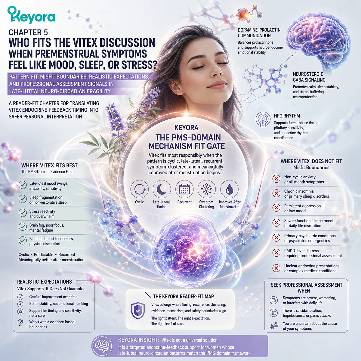 PMS mood swings, sleep disruption, and stress sensitivity are best interpreted through late-luteal symptom timing, neurosteroid-GABA signaling, dopamine-prolactin communication, and the Keyora PMS-Domain Mechanism Fit Gate to guide evidence-bound personal pattern recognition. PMS mood swings, sleep disruption, and stress sensitivity are best interpreted through late-luteal symptom timing, neurosteroid-GABA signaling, dopamine-prolactin communication, and the Keyora PMS-Domain Mechanism Fit Gate to guide evidence-bound personal pattern recognition.