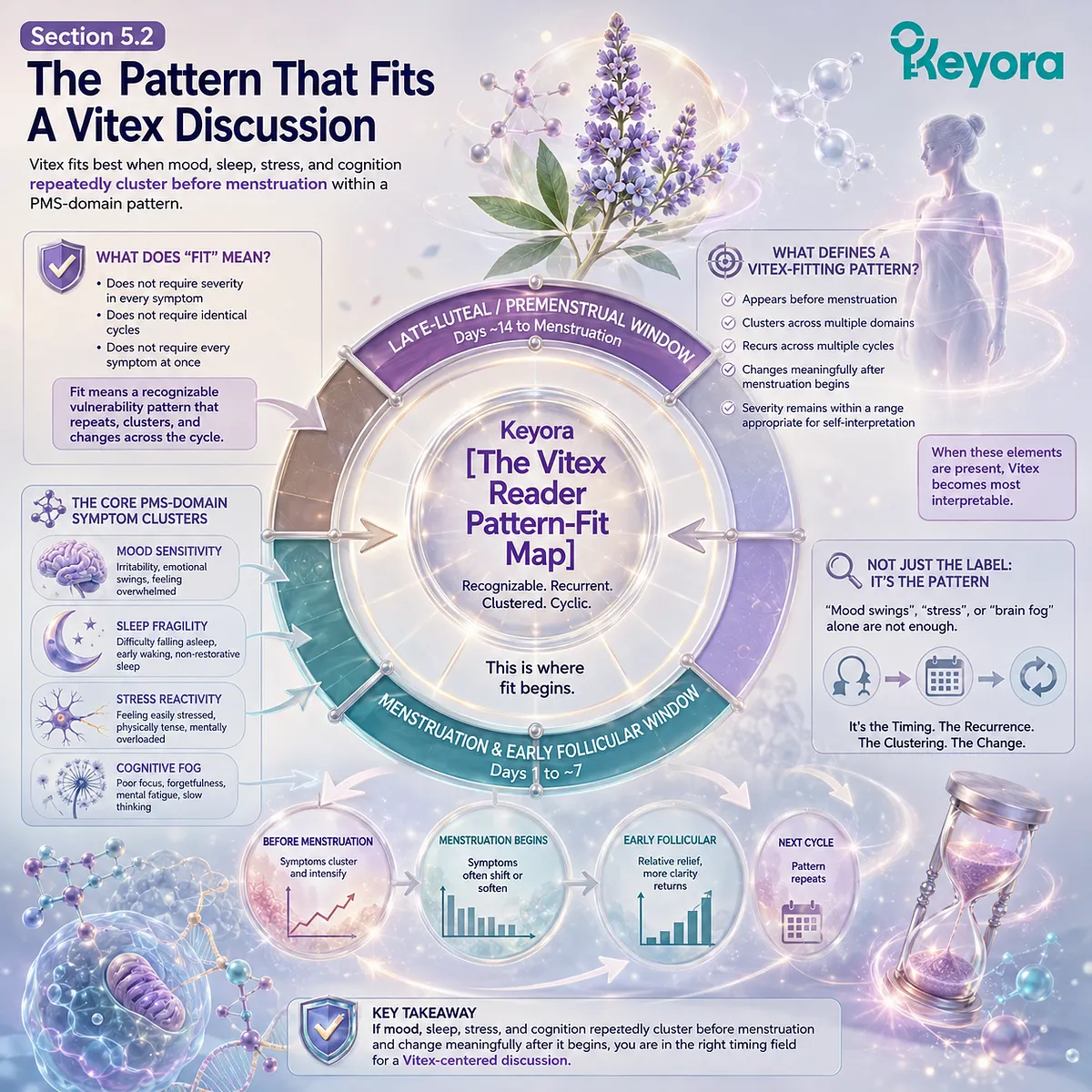 PMS mood swings, sleep fragility, stress sensitivity, and brain fog align more closely with Vitex when recurring late-luteal symptom clusters follow endocrine-feedback timing, as organized by the Keyora Vitex Reader Pattern-Fit Map. PMS mood swings, sleep fragility, stress sensitivity, and brain fog align more closely with Vitex when recurring late-luteal symptom clusters follow endocrine-feedback timing, as organized by the Keyora Vitex Reader Pattern-Fit Map.