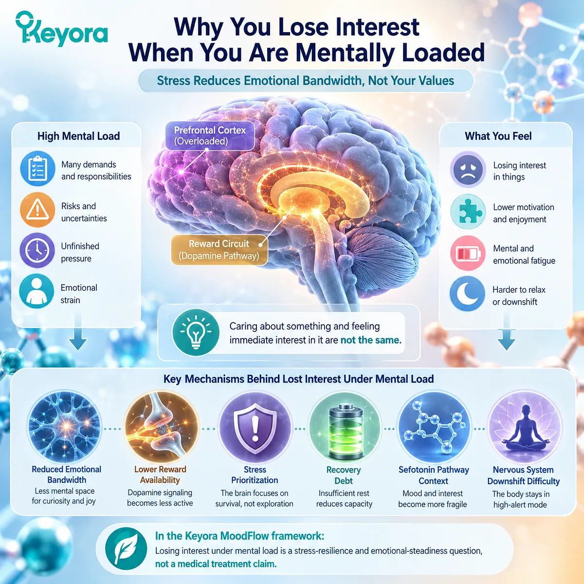 Mental load and stress resilience may reduce curiosity and enjoyment by shifting emotional bandwidth, reward availability, serotonin-related pathway context, and nervous-system regulation, framed through the Keyora MoodFlow Matrix. Mental load and stress resilience may reduce curiosity and enjoyment by shifting emotional bandwidth, reward availability, serotonin-related pathway context, and nervous-system regulation, framed through the Keyora MoodFlow Matrix.