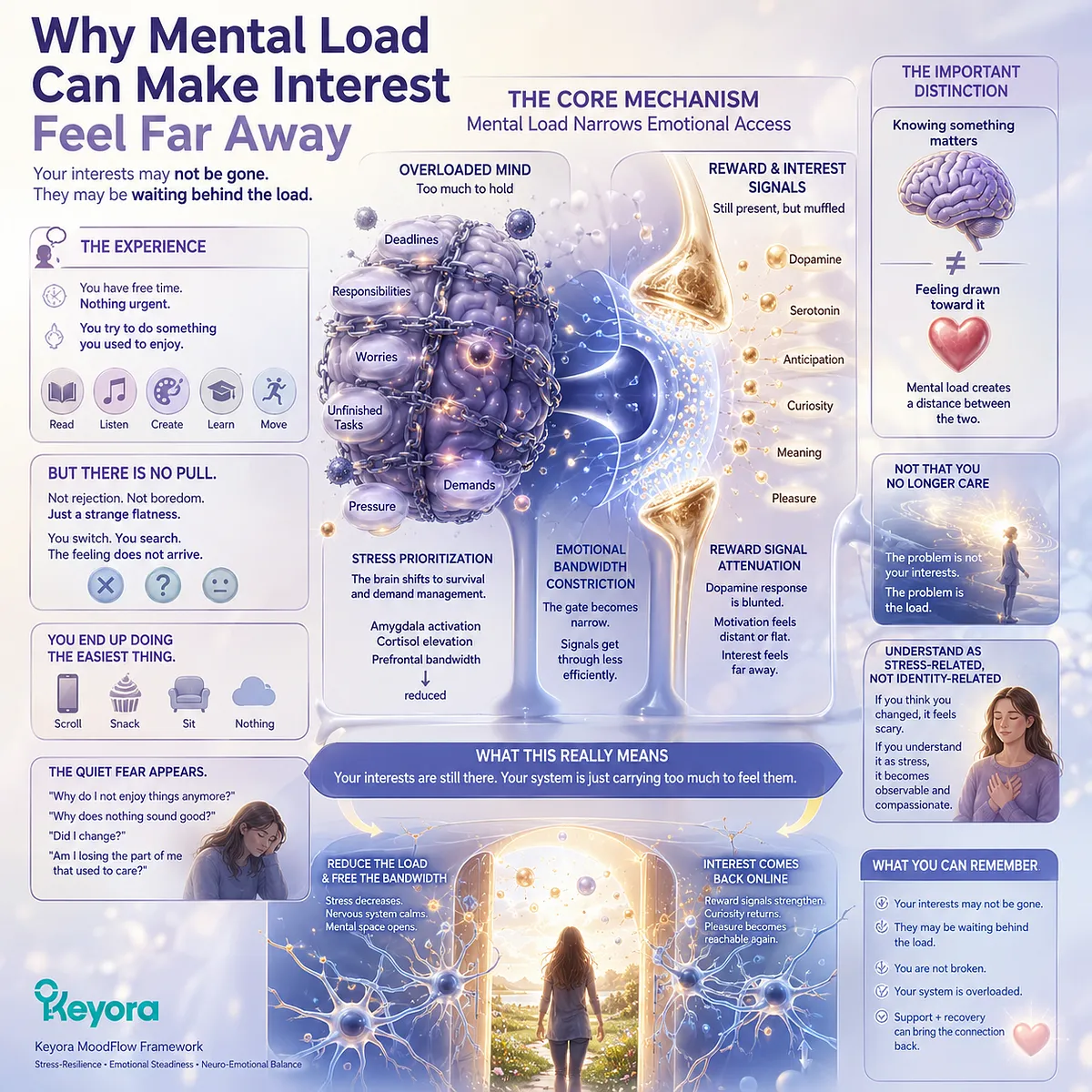 Mental load can make hobbies and motivation feel distant by narrowing emotional bandwidth, reducing reward availability, and influencing stress-related serotonin pathway context, interpreted through the Keyora MoodFlow Matrix. Mental load can make hobbies and motivation feel distant by narrowing emotional bandwidth, reducing reward availability, and influencing stress-related serotonin pathway context, interpreted through the Keyora MoodFlow Matrix.