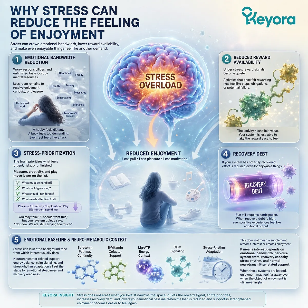 Chronic stress may reduce enjoyment by narrowing emotional bandwidth, lowering reward availability, increasing recovery debt, and influencing serotonin-related pathways and Mg-ATP energy support, interpreted through the Keyora MoodFlow Matrix. Chronic stress may reduce enjoyment by narrowing emotional bandwidth, lowering reward availability, increasing recovery debt, and influencing serotonin-related pathways and Mg-ATP energy support, interpreted through the Keyora MoodFlow Matrix.