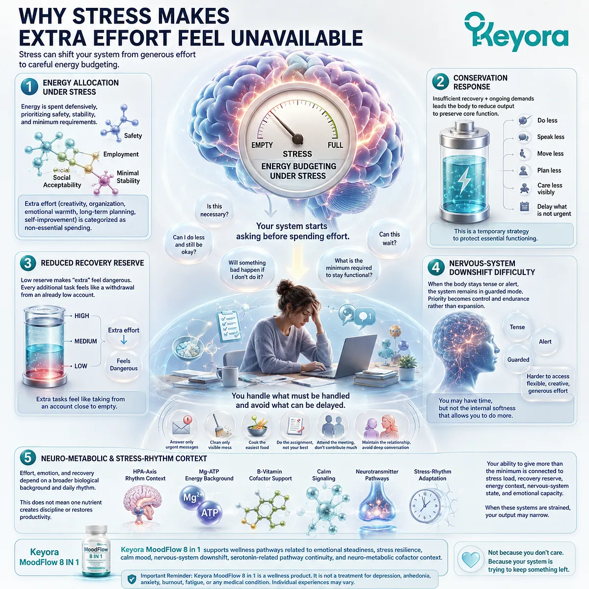 Stress may reduce extra effort by shifting energy allocation, conservation response, recovery reserve, HPA-axis rhythm, Mg-ATP energy context, and nervous-system regulation, framed through the Keyora MoodFlow Matrix. Stress may reduce extra effort by shifting energy allocation, conservation response, recovery reserve, HPA-axis rhythm, Mg-ATP energy context, and nervous-system regulation, framed through the Keyora MoodFlow Matrix.