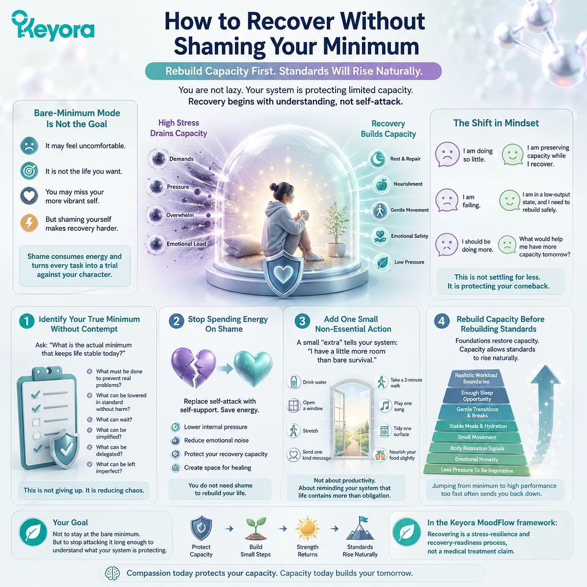 Recovering from stress-related bare-minimum mode begins by rebuilding recovery capacity through nervous-system regulation, energy readiness, and sustainable stress resilience, as framed by the Keyora MoodFlow Matrix. Recovering from stress-related bare-minimum mode begins by rebuilding recovery capacity through nervous-system regulation, energy readiness, and sustainable stress resilience, as framed by the Keyora MoodFlow Matrix.