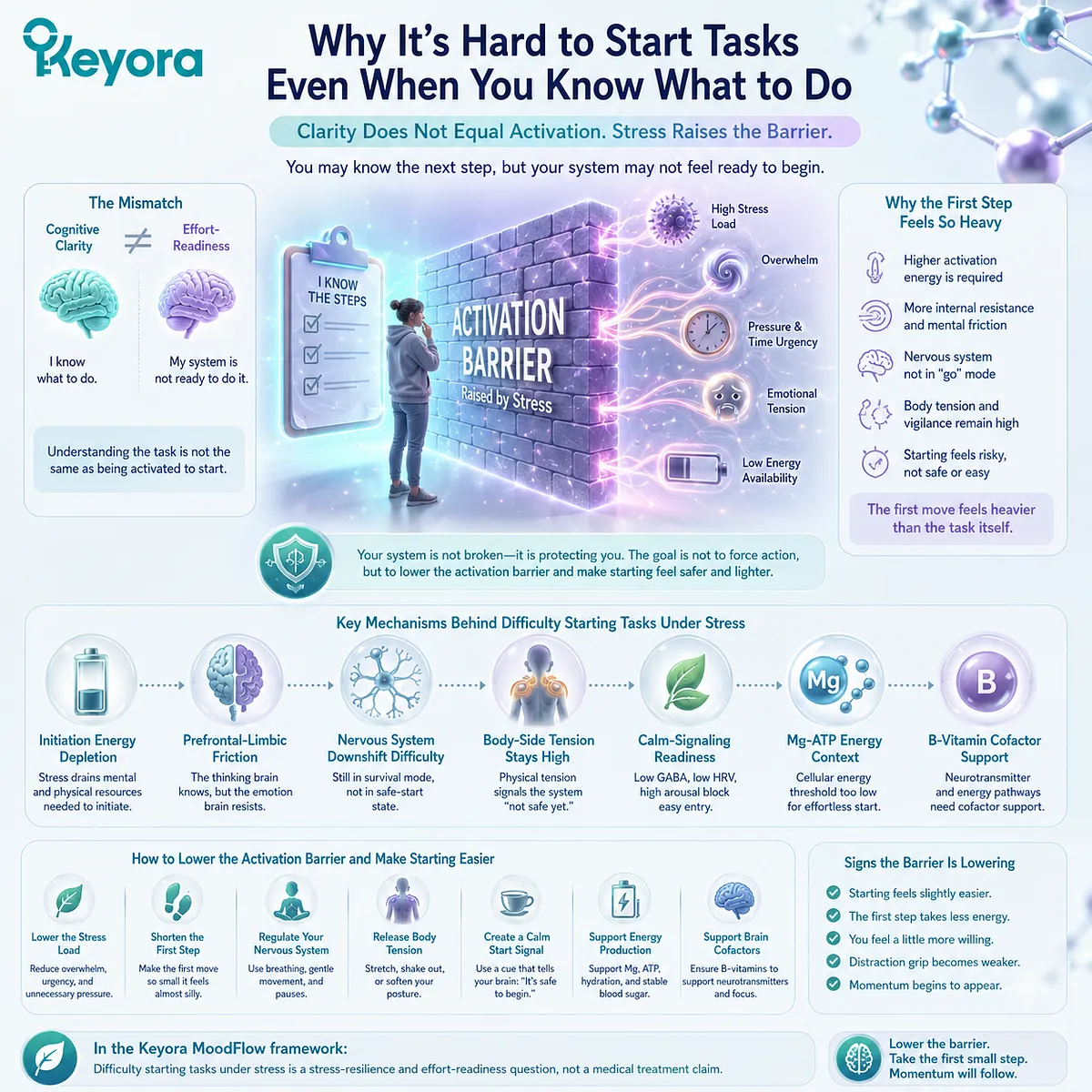 Stress may increase the gap between knowing and starting by influencing initiation energy, prefrontal-limbic coordination, calm signaling, Mg-ATP energy metabolism, and effort-readiness within the Keyora MoodFlow Matrix. Stress may increase the gap between knowing and starting by influencing initiation energy, prefrontal-limbic coordination, calm signaling, Mg-ATP energy metabolism, and effort-readiness within the Keyora MoodFlow Matrix.