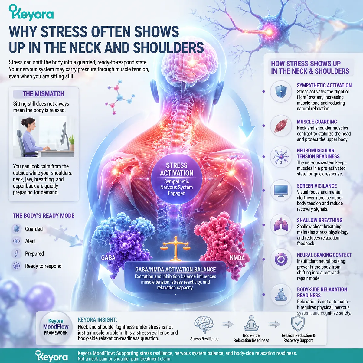 neck and shoulder tension, stressrelated desk posture muscle guarding reflects sympathetic nervous system activation and GABA/NMDA balance shifts within Keyora MoodFlow Matrix stress regulation model neck and shoulder tension, stressrelated desk posture muscle guarding reflects sympathetic nervous system activation and GABA/NMDA balance shifts within Keyora MoodFlow Matrix stress regulation model