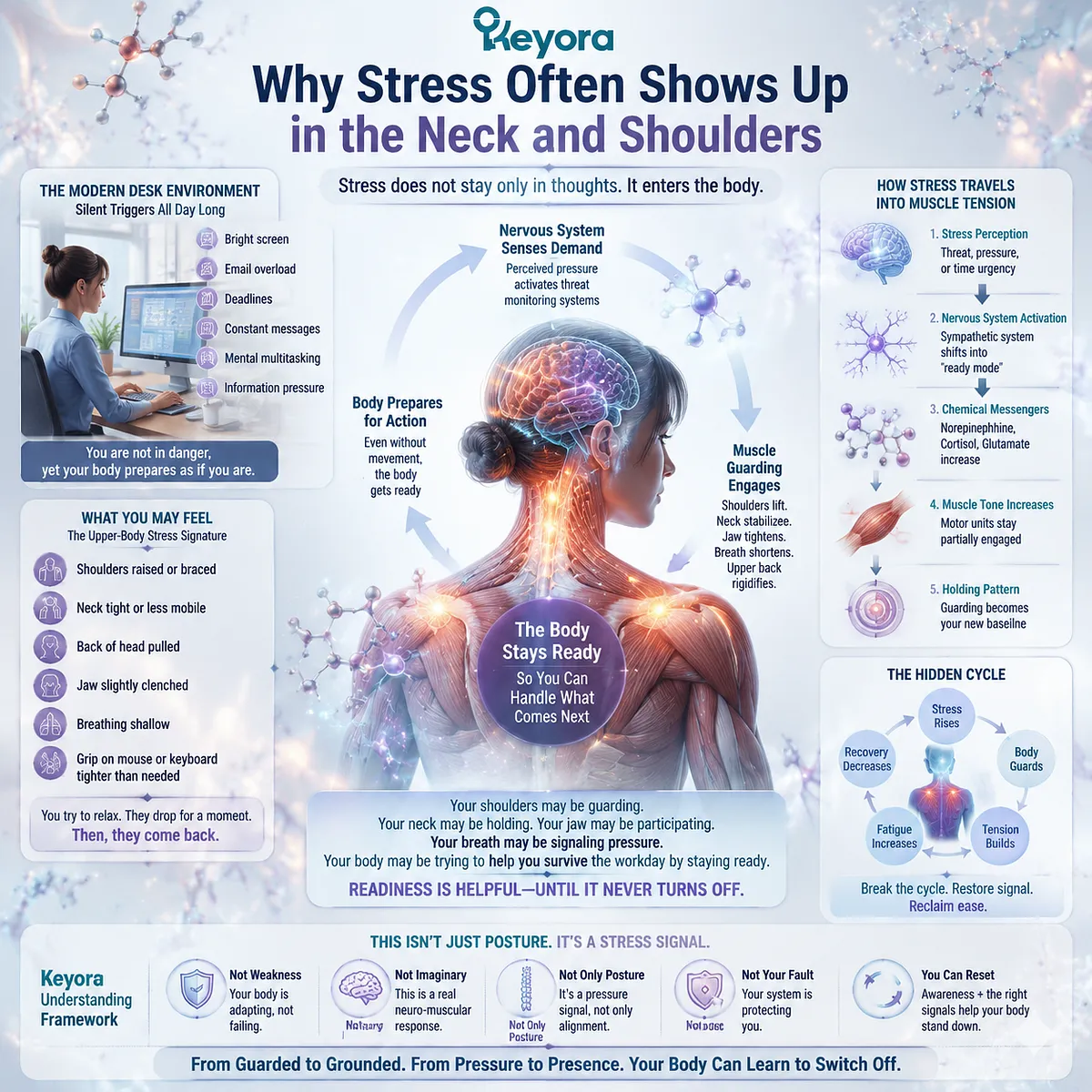 neck and shoulder tension in deskwork stress reflects sympathetic nervous system activation, muscle guarding and shallow breathing patterns, framed by Keyora MoodFlow Matrix stress readiness model neck and shoulder tension in deskwork stress reflects sympathetic nervous system activation, muscle guarding and shallow breathing patterns, framed by Keyora MoodFlow Matrix stress readiness model
