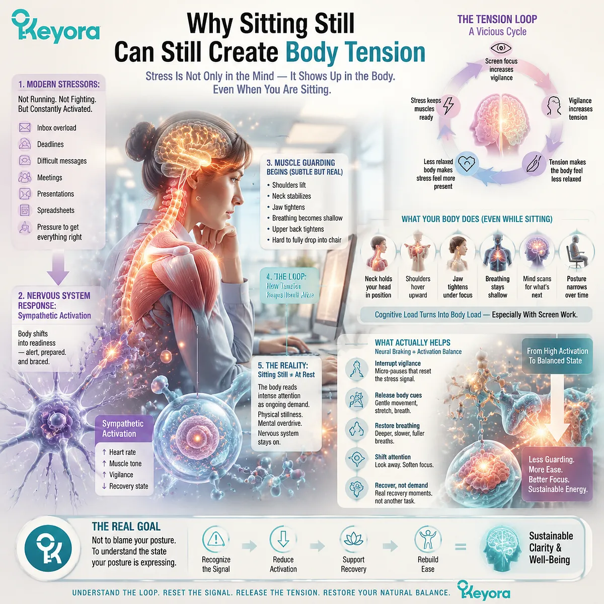neck and shoulder tension while sitting still at desk from sympathetic activation, shallow breathing and muscle guarding within Keyora MoodFlow Matrix model neck and shoulder tension while sitting still at desk from sympathetic activation, shallow breathing and muscle guarding within Keyora MoodFlow Matrix model