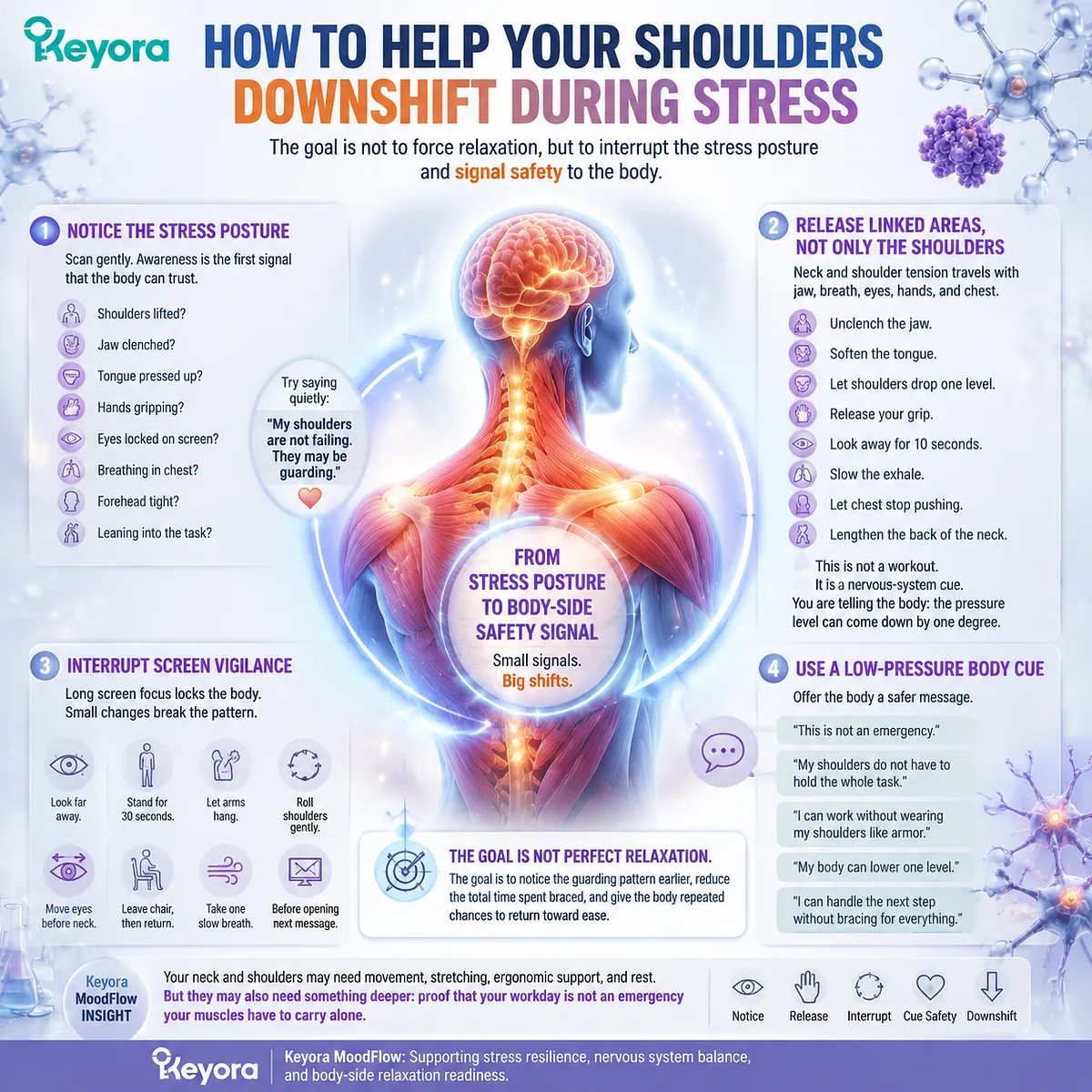 neck and shoulder tension relief during desk stress through shallow breathing, muscle guarding and sympathetic activation regulation within Keyora MoodFlow Matrix downshift model neck and shoulder tension relief during desk stress through shallow breathing, muscle guarding and sympathetic activation regulation within Keyora MoodFlow Matrix downshift model