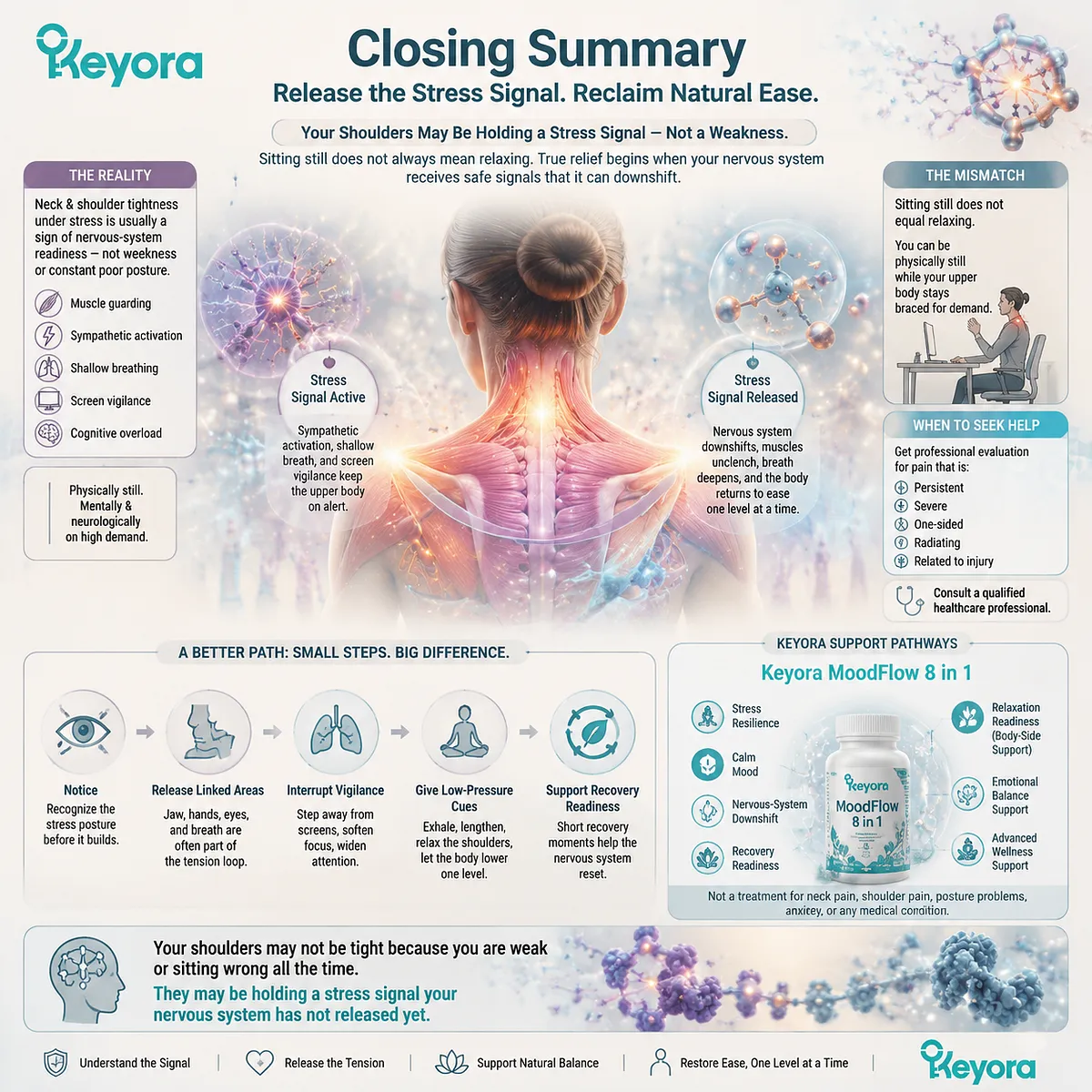 neck and shoulder tension under stress, muscle guarding, sympathetic activation and shallow breathing patterns during screen work, mapped in Keyora MoodFlow Matrix stress signal release framework neck and shoulder tension under stress, muscle guarding, sympathetic activation and shallow breathing patterns during screen work, mapped in Keyora MoodFlow Matrix stress signal release framework