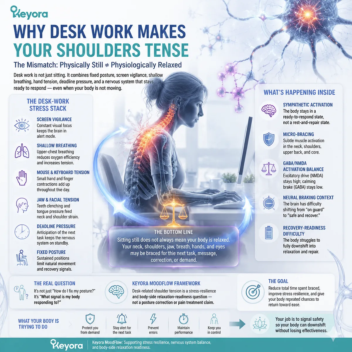 deskwork shoulder tension from shallow breathing, sympathetic activation and screen vigilance, reflecting muscle bracing in Keyora MoodFlow Matrix readiness model deskwork shoulder tension from shallow breathing, sympathetic activation and screen vigilance, reflecting muscle bracing in Keyora MoodFlow Matrix readiness model