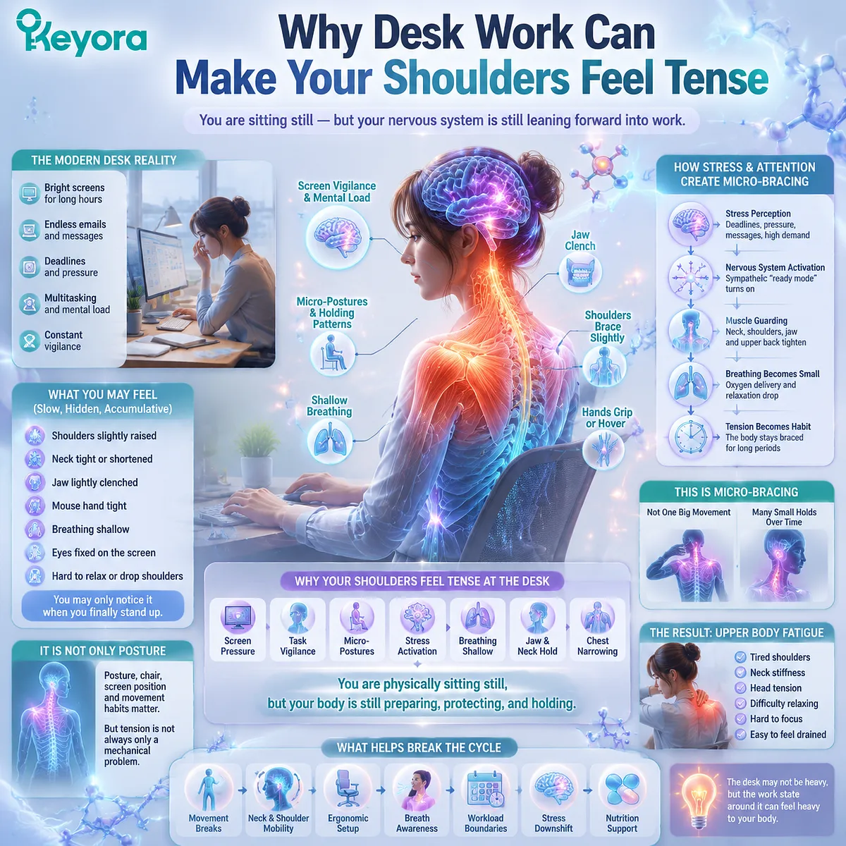 deskwork shoulder tension from screen vigilance, shallow breathing and sympathetic activation-driven muscle guarding, linking GABA/NMDA balance within Keyora MoodFlow Matrix stress readiness model deskwork shoulder tension from screen vigilance, shallow breathing and sympathetic activation-driven muscle guarding, linking GABA/NMDA balance within Keyora MoodFlow Matrix stress readiness model