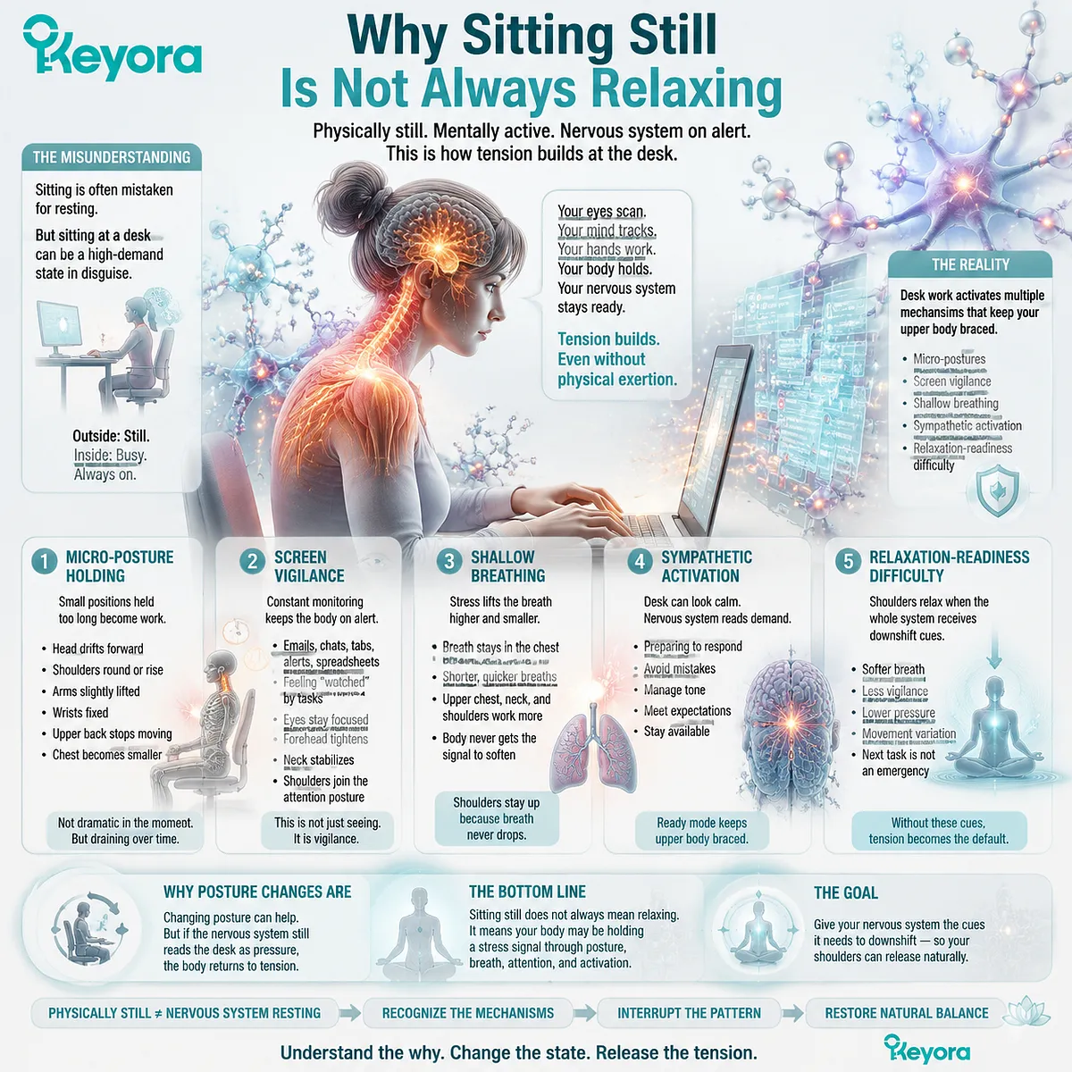 Sitting still stress arises from screen vigilance, shallow breathing and sympathetic activation-driven micro-posture holding, mapped in Keyora MoodFlow Matrix GABA/NMDA balance model Sitting still stress arises from screen vigilance, shallow breathing and sympathetic activation-driven micro-posture holding, mapped in Keyora MoodFlow Matrix GABA/NMDA balance model