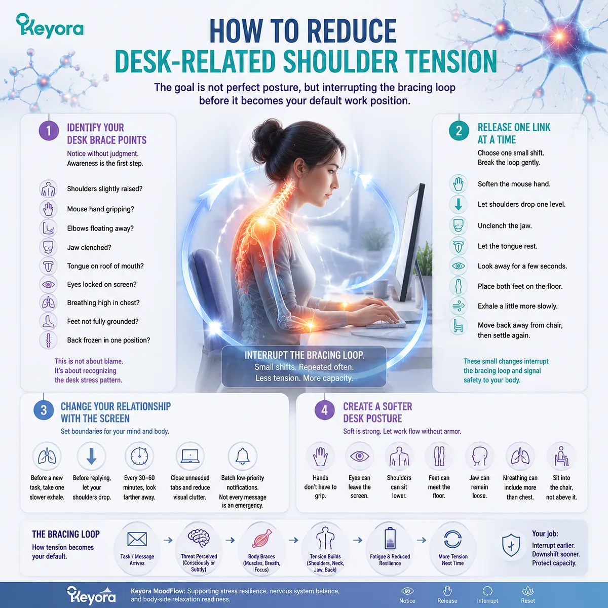 desk shoulder tension relief by interrupting muscle guarding, screen vigilance and sympathetic activation with GABA/NMDA balance in Keyora MoodFlow Matrix desk reset desk shoulder tension relief by interrupting muscle guarding, screen vigilance and sympathetic activation with GABA/NMDA balance in Keyora MoodFlow Matrix desk reset