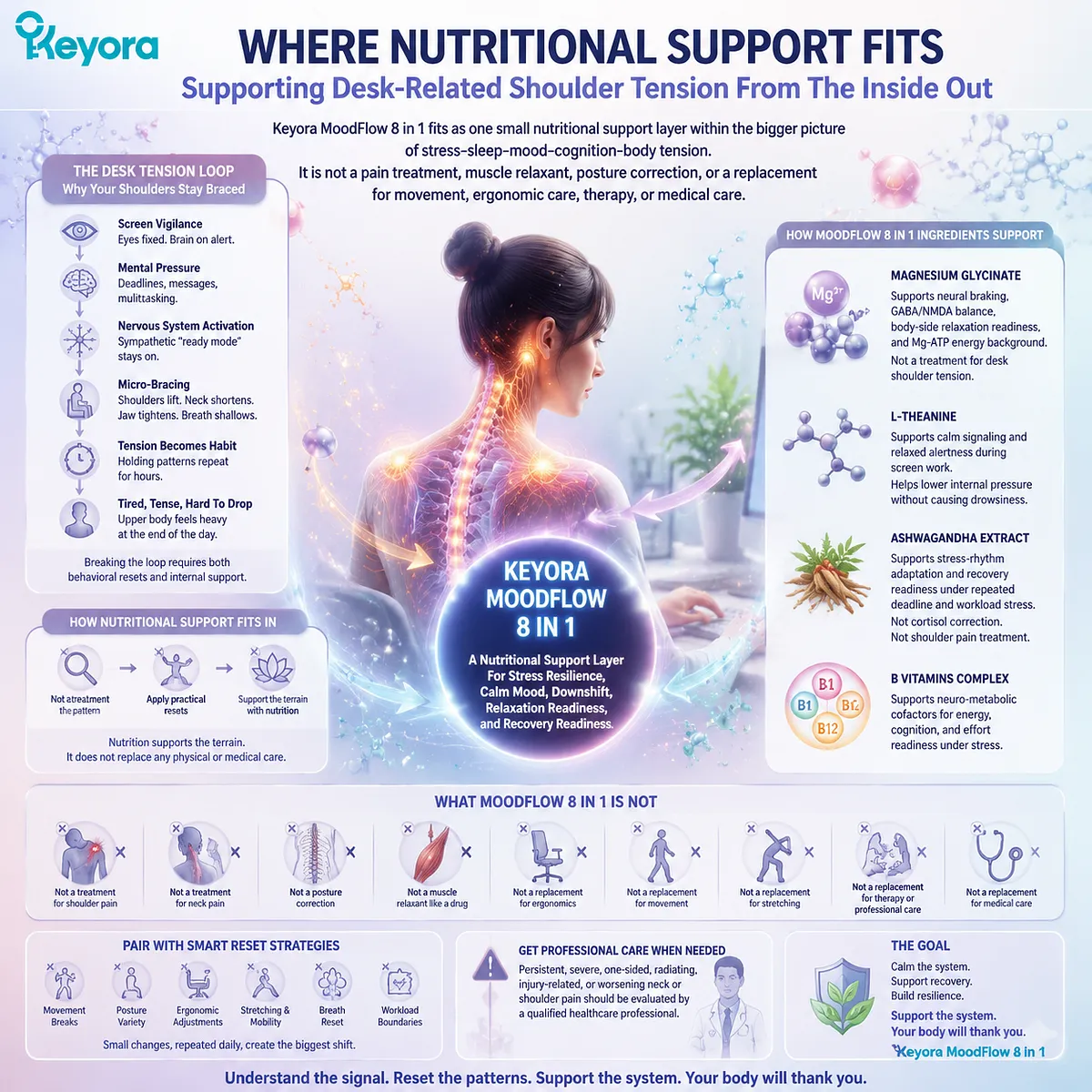 deskwork shoulder tension support with magnesium glycinate, L-theanine, ashwagandha and B vitamins for stress resilience, GABA/NMDA balance and nervous-system downshift in Keyora MoodFlow 8 in 1 framework deskwork shoulder tension support with magnesium glycinate, L-theanine, ashwagandha and B vitamins for stress resilience, GABA/NMDA balance and nervous-system downshift in Keyora MoodFlow 8 in 1 framework