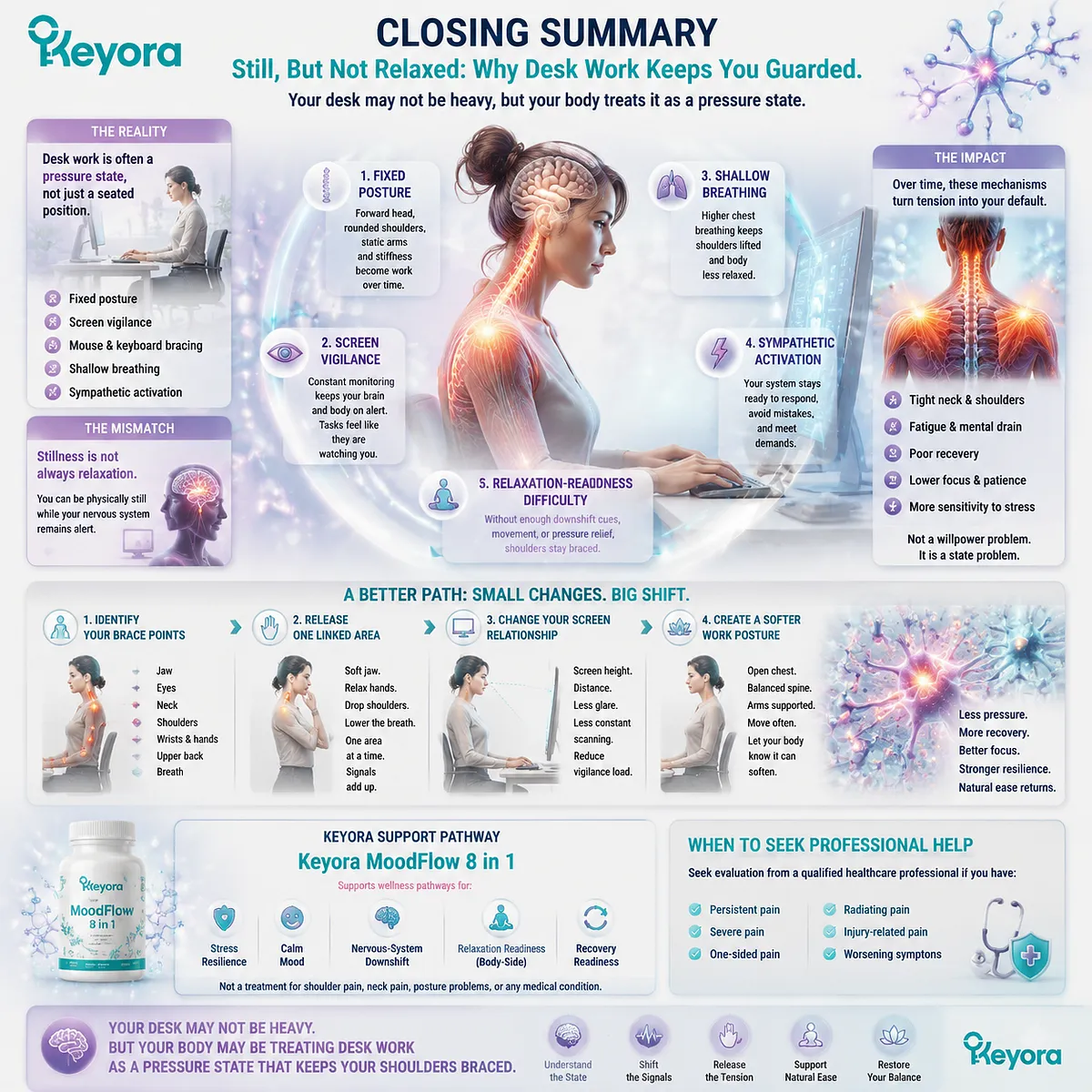 deskwork shoulder tension from screen vigilance, shallow breathing and sympathetic activation-driven muscle guarding, mapped in Keyora MoodFlow 8 in 1 stress readiness framework deskwork shoulder tension from screen vigilance, shallow breathing and sympathetic activation-driven muscle guarding, mapped in Keyora MoodFlow 8 in 1 stress readiness framework