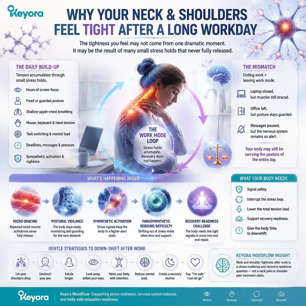 neck and shoulder tension after work from screen fatigue, micro-bracing and sympathetic activation with delayed parasympathetic rebound in Keyora MoodFlow Matrix recovery model neck and shoulder tension after work from screen fatigue, micro-bracing and sympathetic activation with delayed parasympathetic rebound in Keyora MoodFlow Matrix recovery model