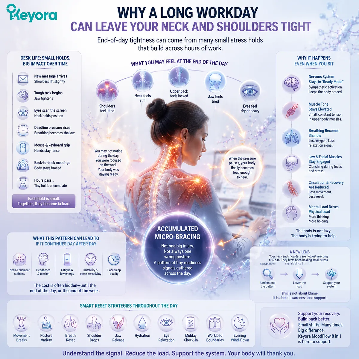 neck and shoulder tension after long workday from screen fatigue, accumulated micro-bracing, shallow breathing and sympathetic activation delay, in Keyora MoodFlow Matrix recovery model neck and shoulder tension after long workday from screen fatigue, accumulated micro-bracing, shallow breathing and sympathetic activation delay, in Keyora MoodFlow Matrix recovery model
