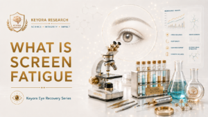 Illustration explaining screen fatigue with a digital eye, laboratory research equipment, and the Keyora Eye Recovery Series.
