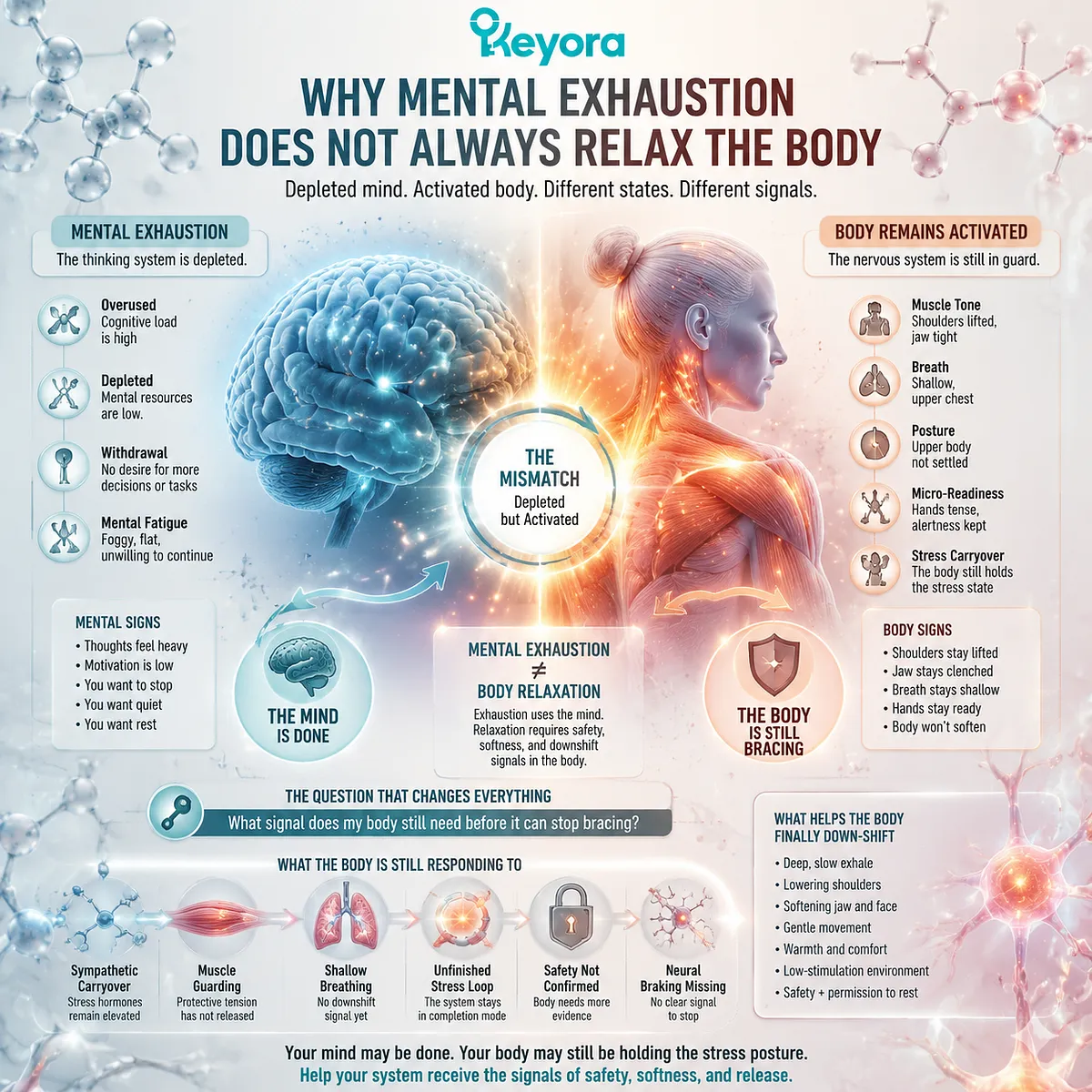 mental fatigue and body relaxation mismatch shows sympathetic nervous system carryover, muscle tension, shallow breathing, and GABA/NMDA balance in Keyora MoodFlow Matrix mental fatigue and body relaxation mismatch shows sympathetic nervous system carryover, muscle tension, shallow breathing, and GABA/NMDA balance in Keyora MoodFlow Matrix