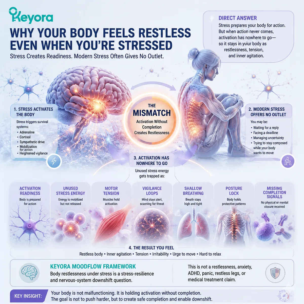 Stress-induced body restlessness and motor tension driven by HPA-axis stress response and sympathetic arousal, linking shallow breathing and posture lock Keyora MoodFlow Matrix Stress-induced body restlessness and motor tension driven by HPA-axis stress response and sympathetic arousal, linking shallow breathing and posture lock Keyora MoodFlow Matrix