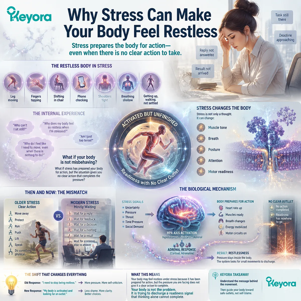 Stress-related body restlessness driven by HPA-axis stress response and sympathetic activation, creating motor readiness, posture tension and movement urges, mapped in Keyora MoodFlow Matrix Stress-related body restlessness driven by HPA-axis stress response and sympathetic activation, creating motor readiness, posture tension and movement urges, mapped in Keyora MoodFlow Matrix