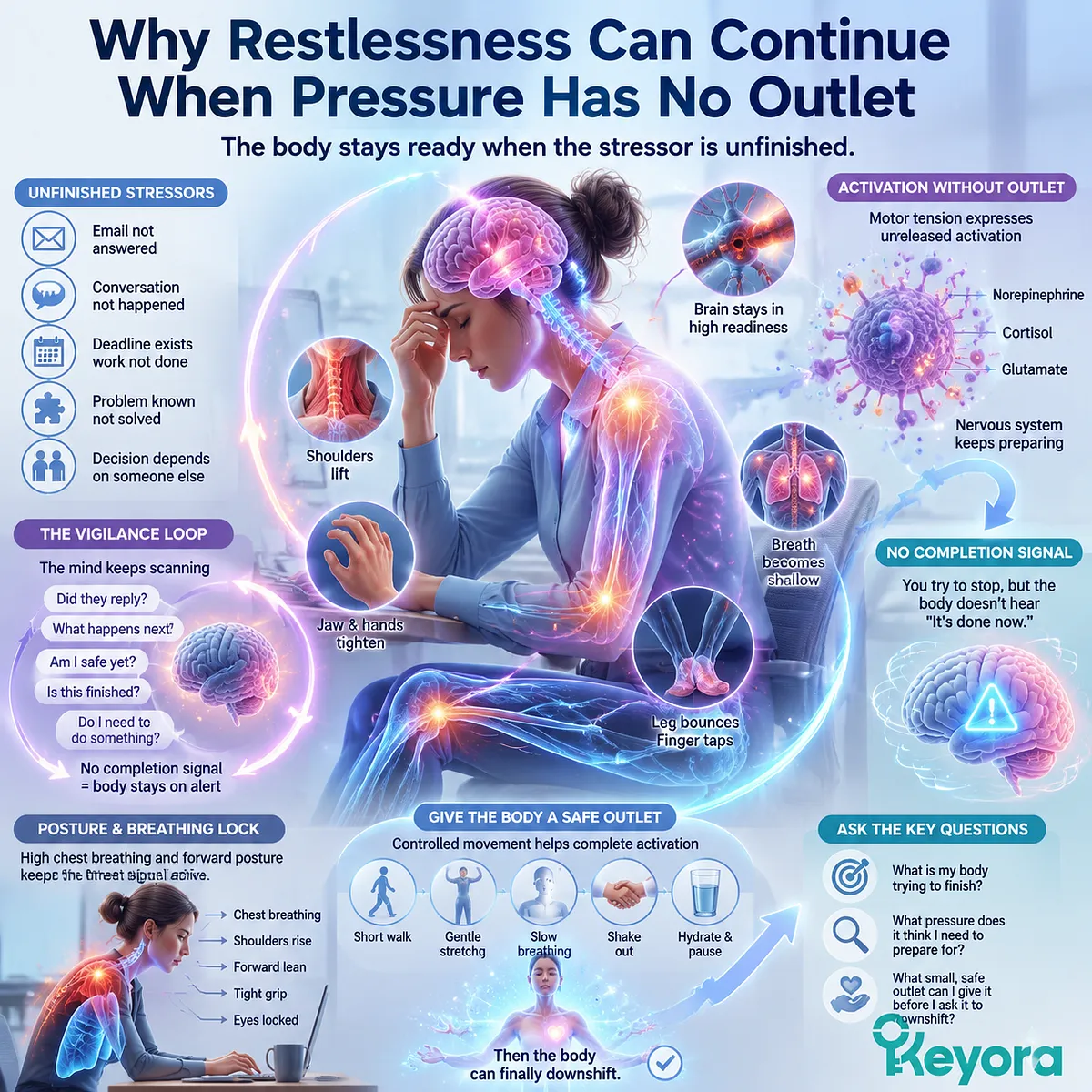 Stress-related restlessness driven by HPA-axis stress response and vigilance loop, producing motor tension, shallow breathing and posture lock, mapped in Keyora MoodFlow Matrix Stress-related restlessness driven by HPA-axis stress response and vigilance loop, producing motor tension, shallow breathing and posture lock, mapped in Keyora MoodFlow Matrix