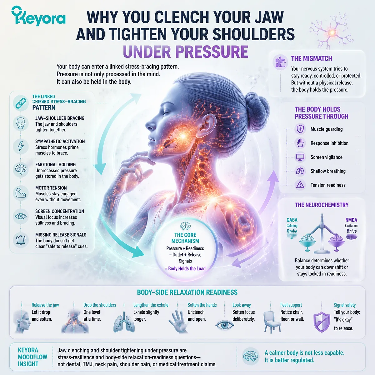 Stress jaw tension and shoulder tightness from sympathetic activation and HPA-axis stress response, creating muscle guarding and GABA/NMDA balance shifts, Keyora MoodFlow Matrix Stress jaw tension and shoulder tightness from sympathetic activation and HPA-axis stress response, creating muscle guarding and GABA/NMDA balance shifts, Keyora MoodFlow Matrix