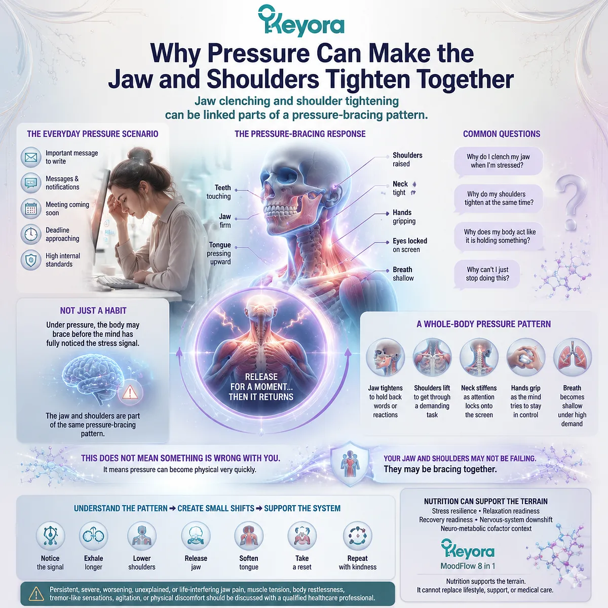 Stress jaw clenching and shoulder tightness linked to HPA-axis stress response and muscle guarding, creating jaw–shoulder bracing and neural tension patterns in Keyora MoodFlow Matrix Stress jaw clenching and shoulder tightness linked to HPA-axis stress response and muscle guarding, creating jaw–shoulder bracing and neural tension patterns in Keyora MoodFlow Matrix